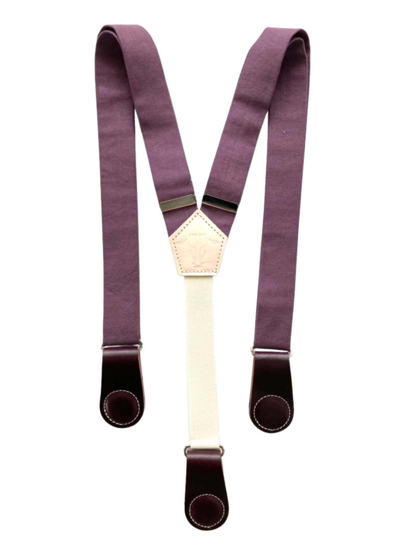 Plum linen women’s suspenders with wine leather magnetic clasps, handcrafted in Texas for capsule wardrobes and seasonal outfits.