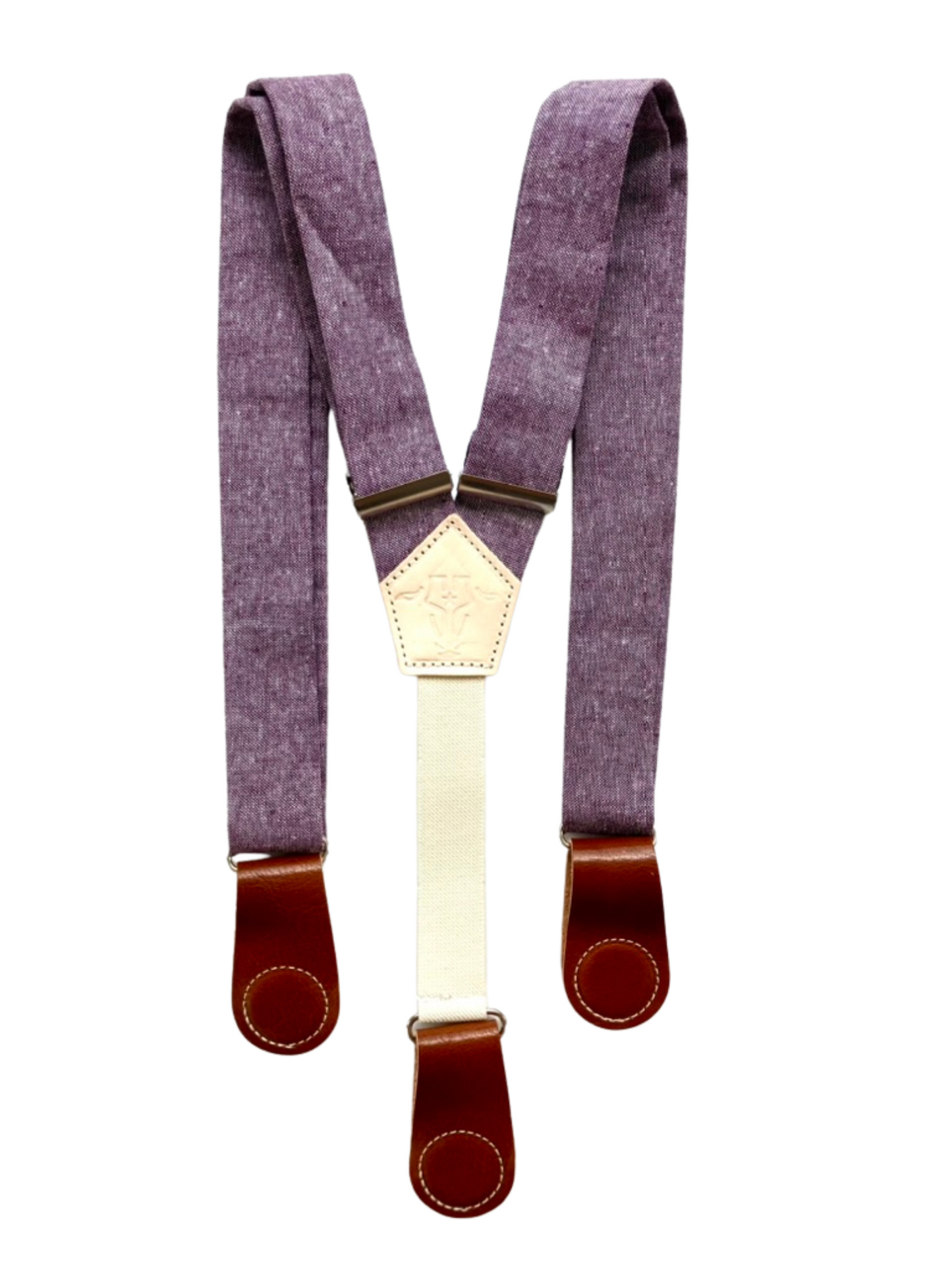 Full view of purple linen women’s suspenders with tan leather magnetic clasps, a handcrafted Americana-style accessory for casual and fall outfits.