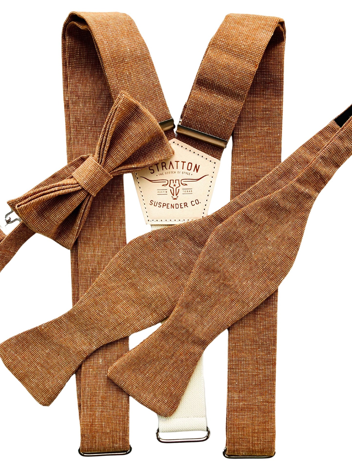 Handwoven roasted pecan brown self-tie bow tie with matching suspenders and pre-tied bow tie option, perfect for fall weddings, rustic groomsmen outfits, and formalwear in warm earth tones.
