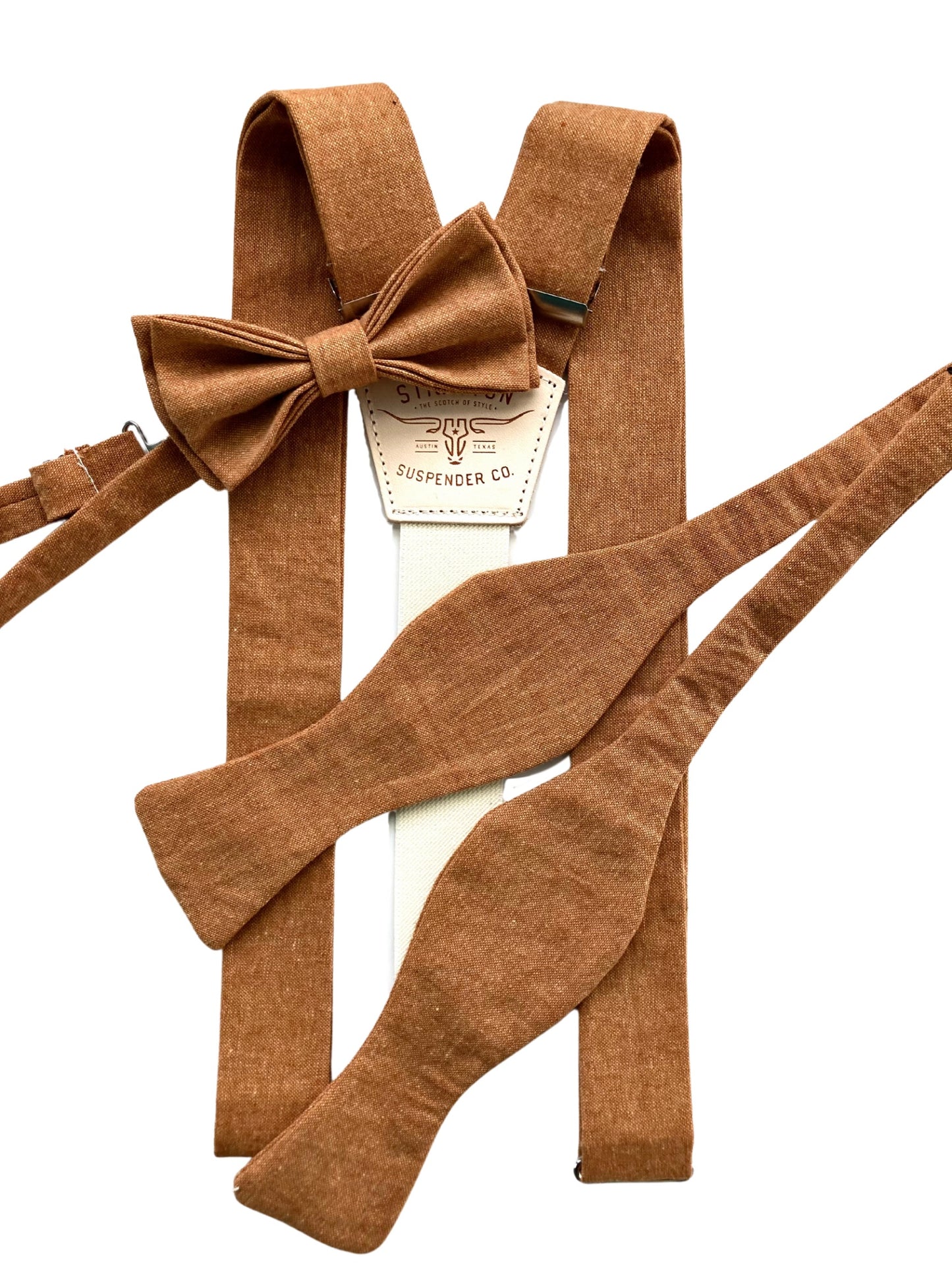 Roasted Pecan linen suspenders and bow tie set for weddings, featuring handmade craftsmanship in Texas, ideal for groomsmen and rustic menswear.