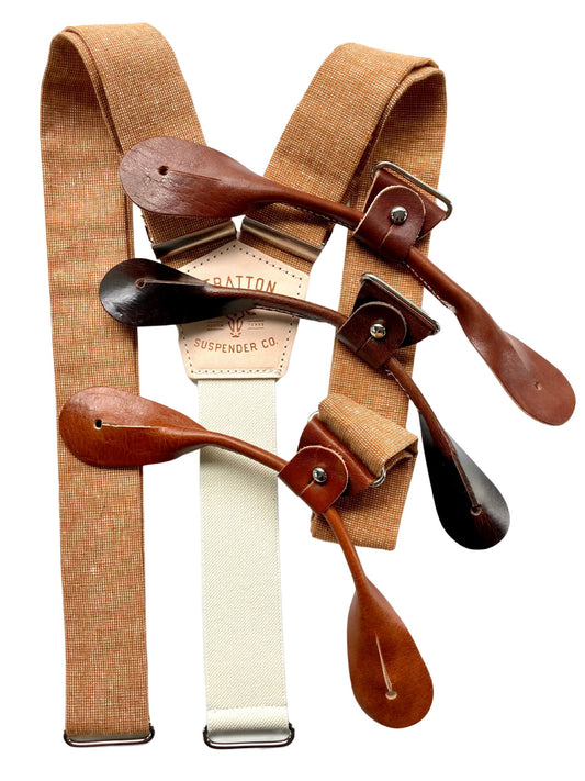 Roasted pecan linen wedding suspenders with cream elastic back strap and button-on leather brace attachments in assorted shades, handcrafted by Stratton Suspender Co. for rustic groom or groomsmen attire.