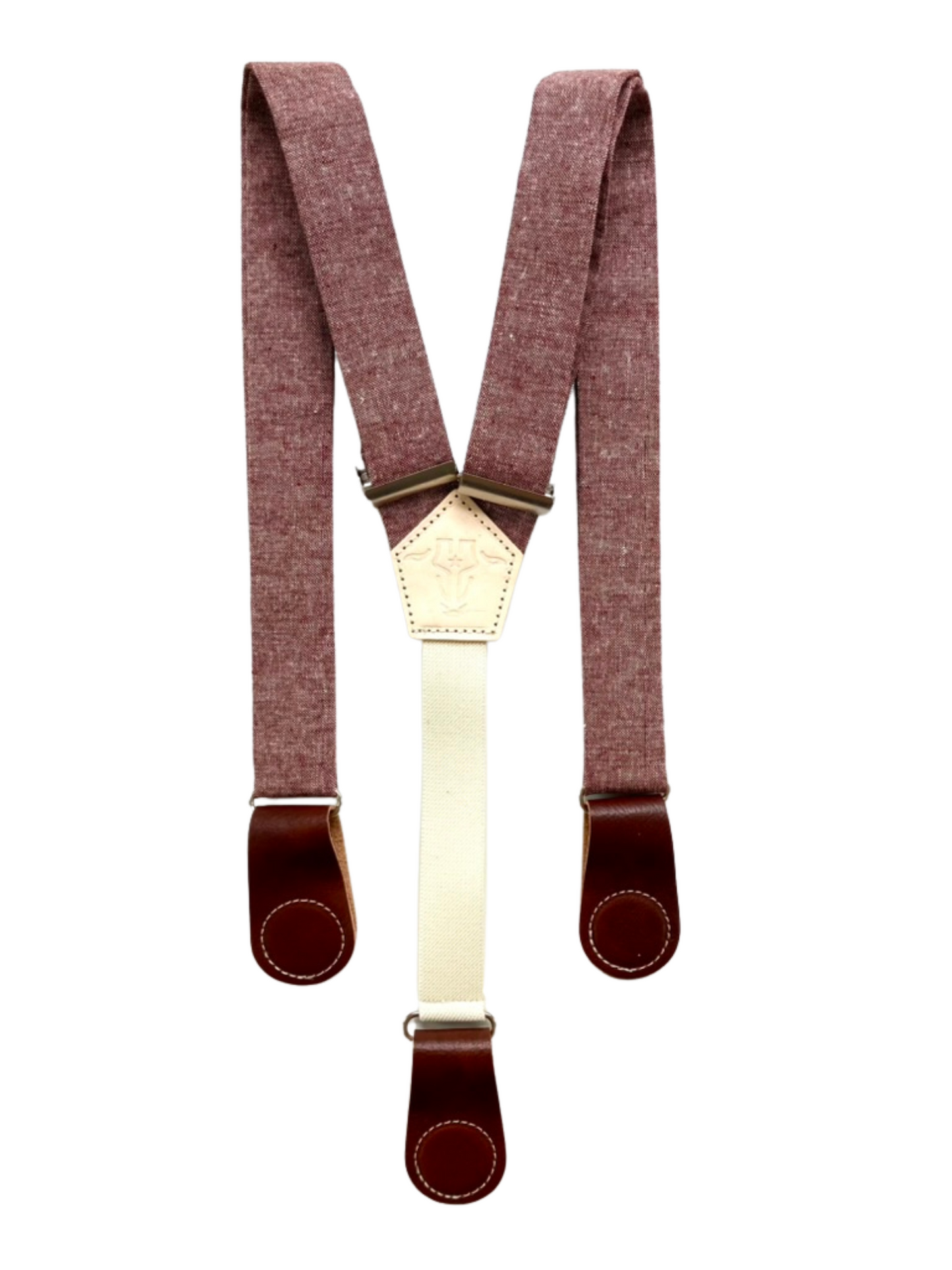 Full-view of rust maroon women’s linen suspenders with cognac leather magnetic clasps, handmade in Texas.