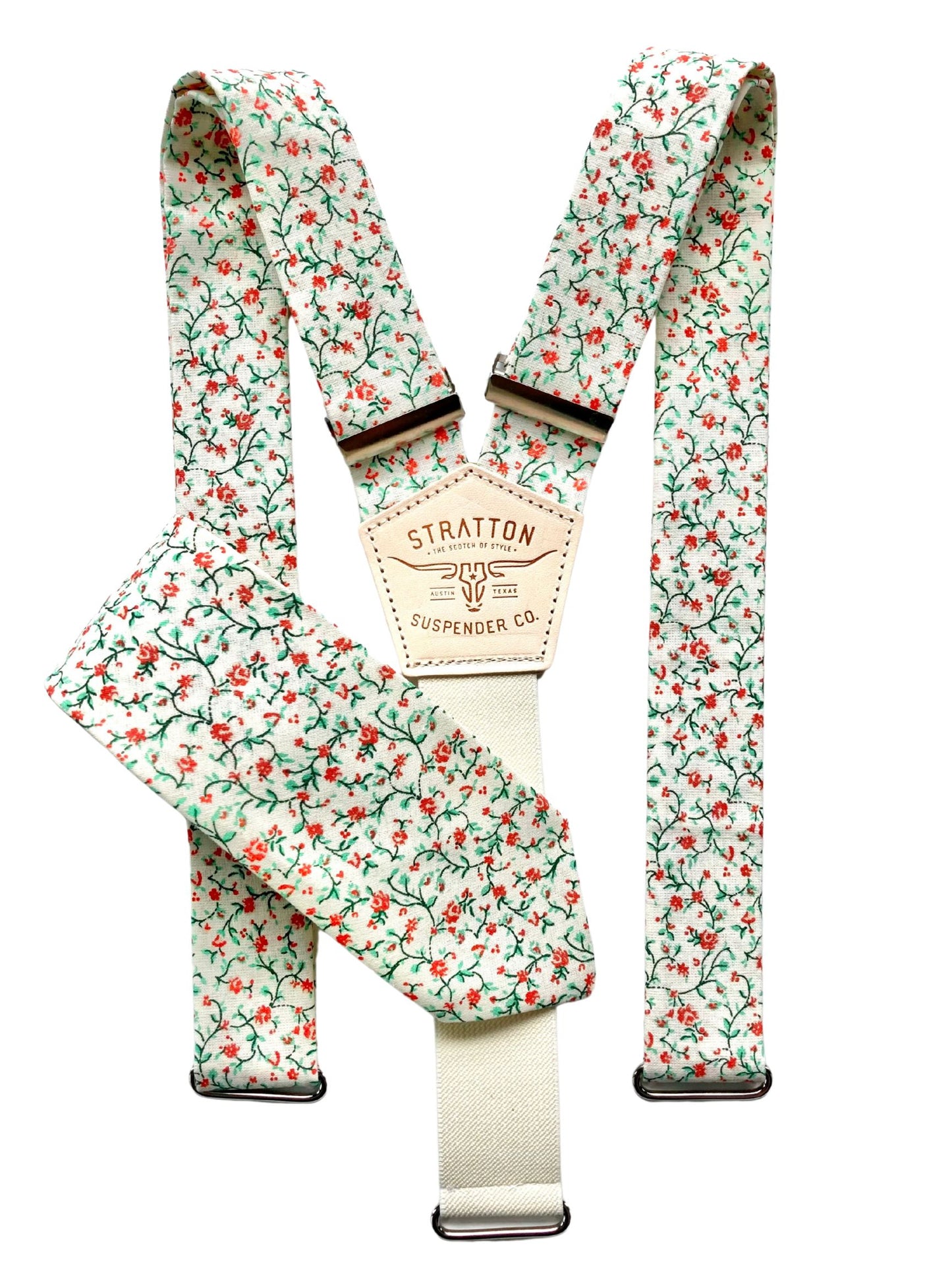 Rustic orange floral suspenders with matching tie set in vintage calico pattern, handmade by Stratton Suspender Co. for rustic weddings, groomsmen attire, and coordinated menswear styling.