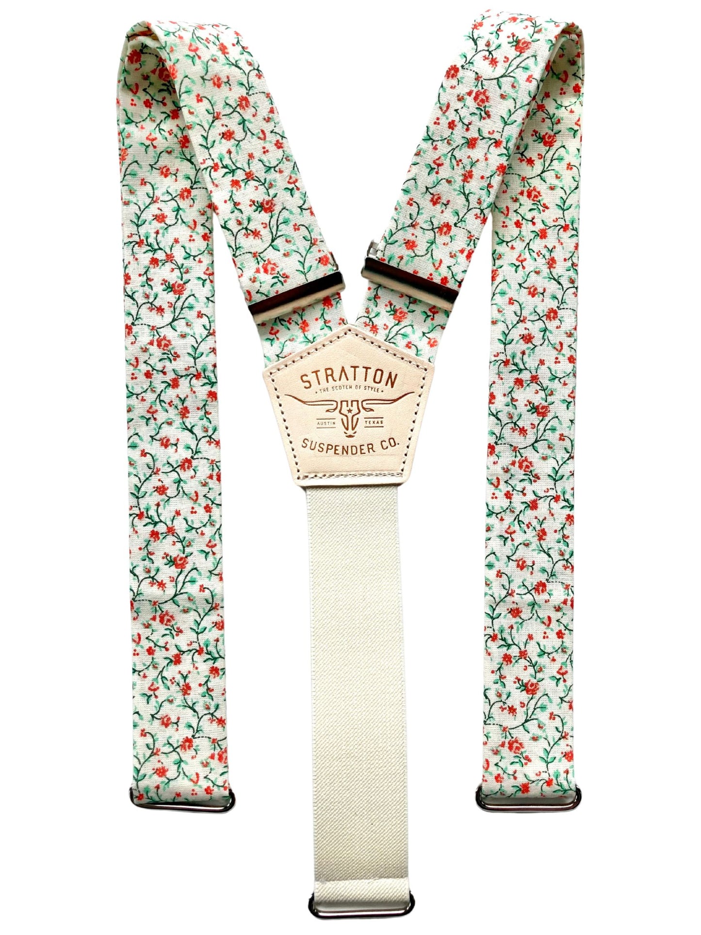 Rustic orange and green calico floral suspenders with cream elastic back and Stratton Suspender Co. leather patch, ideal for weddings, vintage menswear, and formal groomsmen attire.