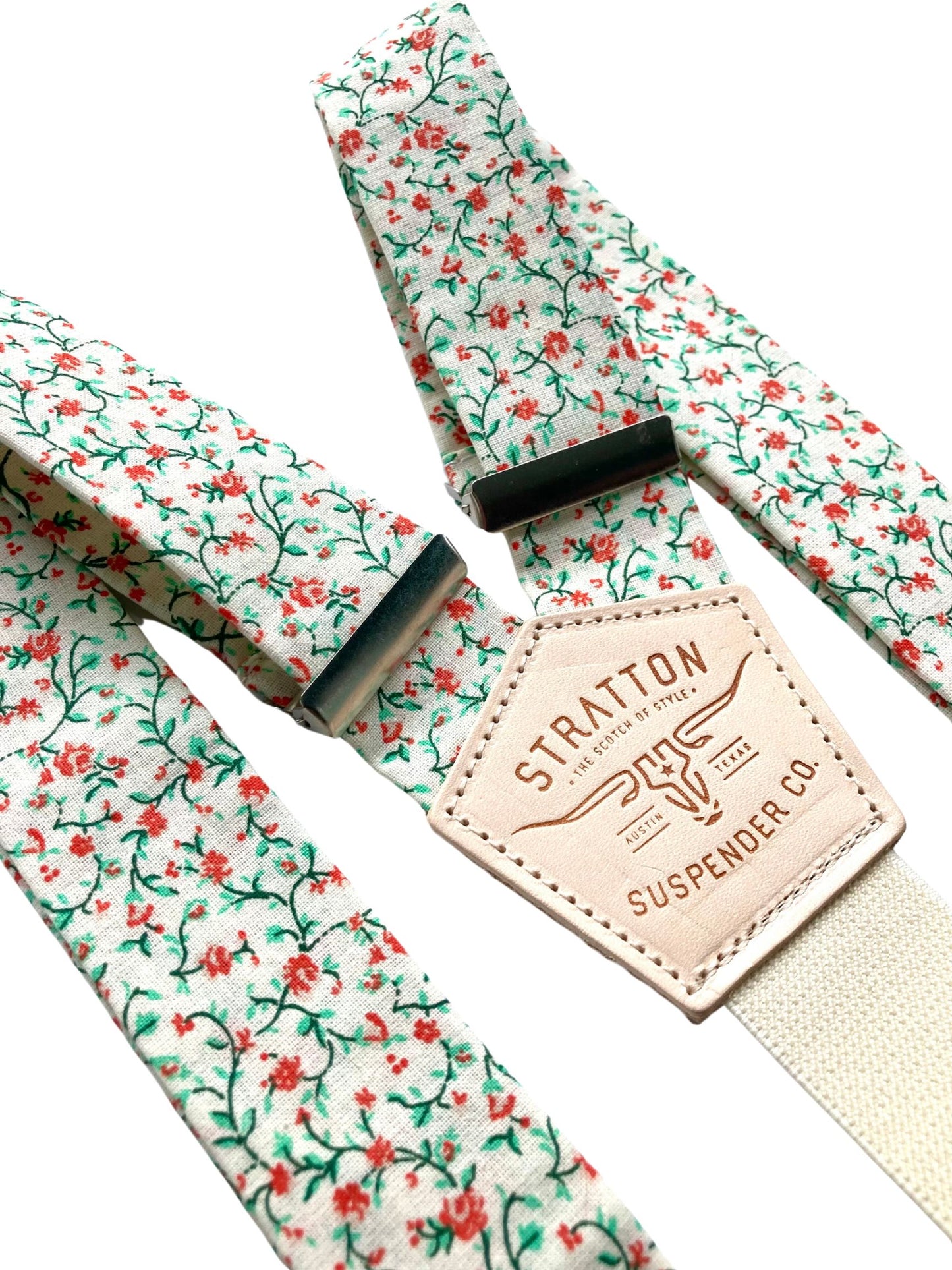 Rustic orange and green floral wedding suspenders with vintage calico pattern and cream elastic back, handmade by Stratton Suspender Co. for groom and groomsmen button-on formalwear.