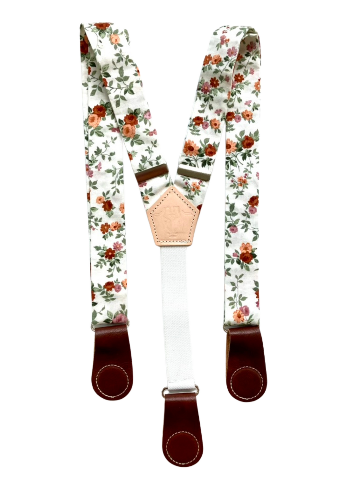 Rustic rose floral women’s suspenders with cognac leather magnetic clasps, handmade in Texas for vintage and boho style.