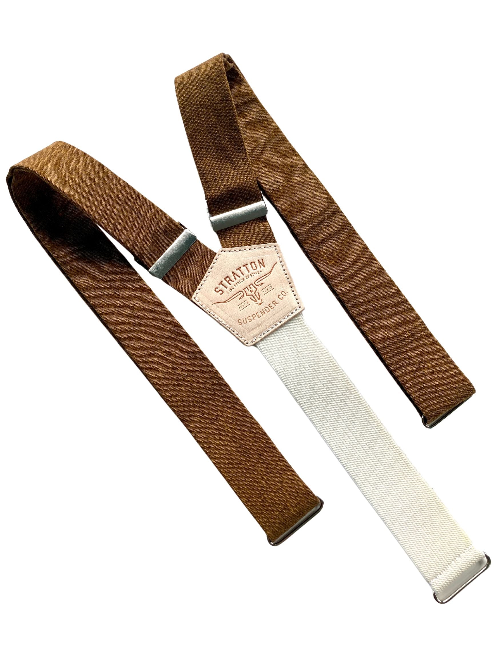 Full view of handmade copper brown linen button-on suspenders with cream elastic back strap and silver hardware. Rustic wedding and heritage menswear accessory by Stratton Suspender Co.