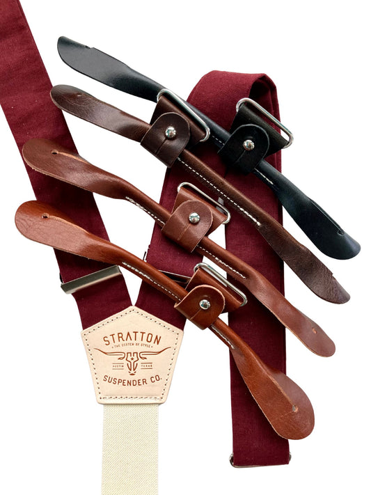 Burgundy linen suspenders with full-grain leather button-on attachments in black, chocolate, cognac, and tan; handmade wedding braces for groomsmen.