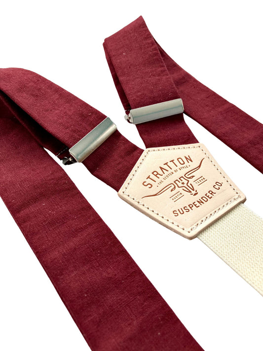 Burgundy linen button-on suspenders handmade to order in Texas USA; rustic wedding groom & groomsmen vintage men’s braces with stainless adjusters.