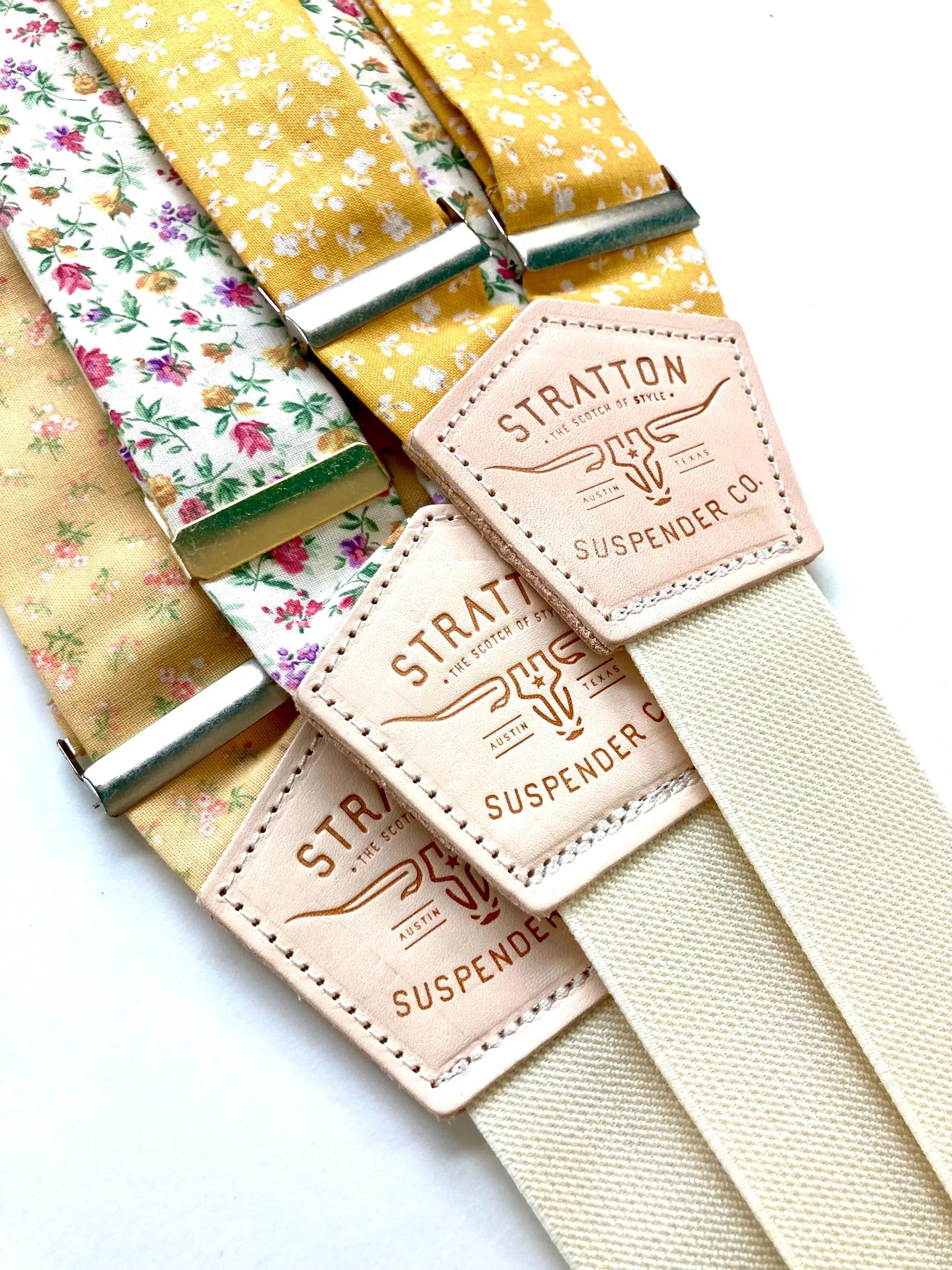 Victorian American Floral Wedding Suspenders – Marigold and White Cotton Floral, Rose Garden Floral, and Butter Yellow Antique Floral – Handcrafted Button-On Braces by Stratton Suspender Co.