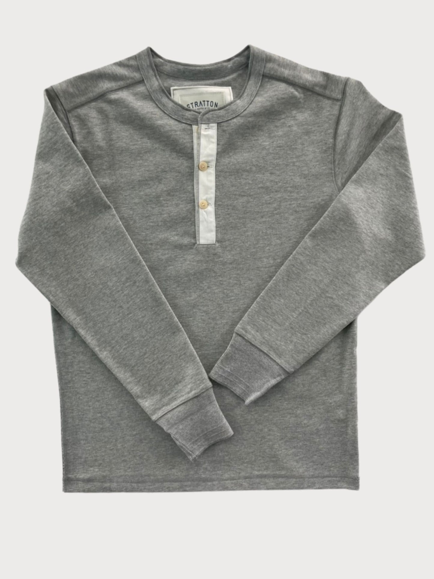 Vintage 1940s Heather Gray Heavyweight Henley by Stratton Suspender Co. Features a contrasting white three-button placket, ribbed cuffs, and premium heavyweight cotton. Made in the USA for durability, comfort, and classic heritage workwear style.