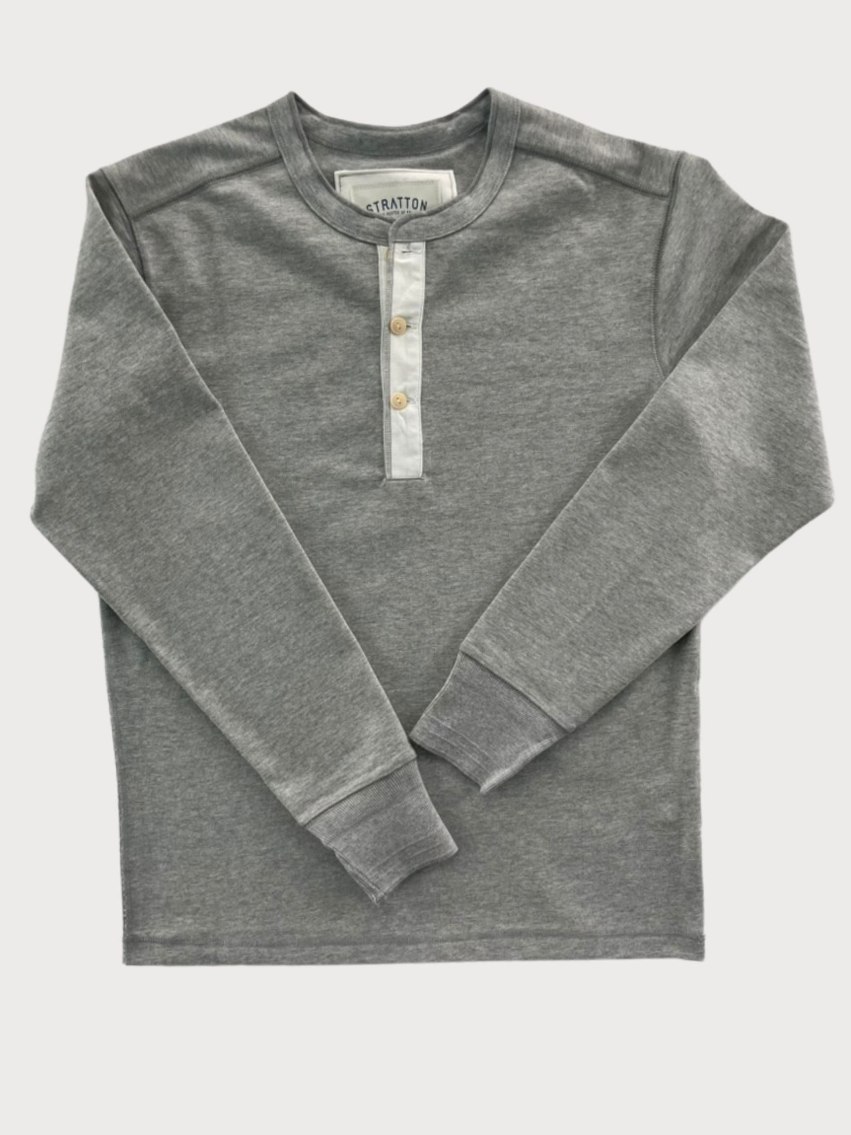 Vintage 1940s Heather Gray Heavyweight Henley by Stratton Suspender Co. Features a contrasting white three-button placket, ribbed cuffs, and premium heavyweight cotton. Made in the USA for durability, comfort, and classic heritage workwear style.