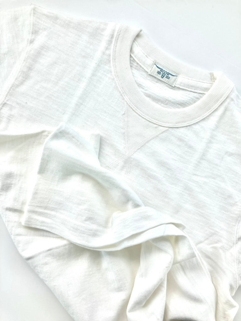 Vintage 1940s Heavyweight T-Shirt in White by Stratton Suspender Co. Crafted from durable heavyweight cotton with a heritage V-gusset neckline, this ethically made classic workwear tee embodies timeless American menswear and rugged craftsmanship.