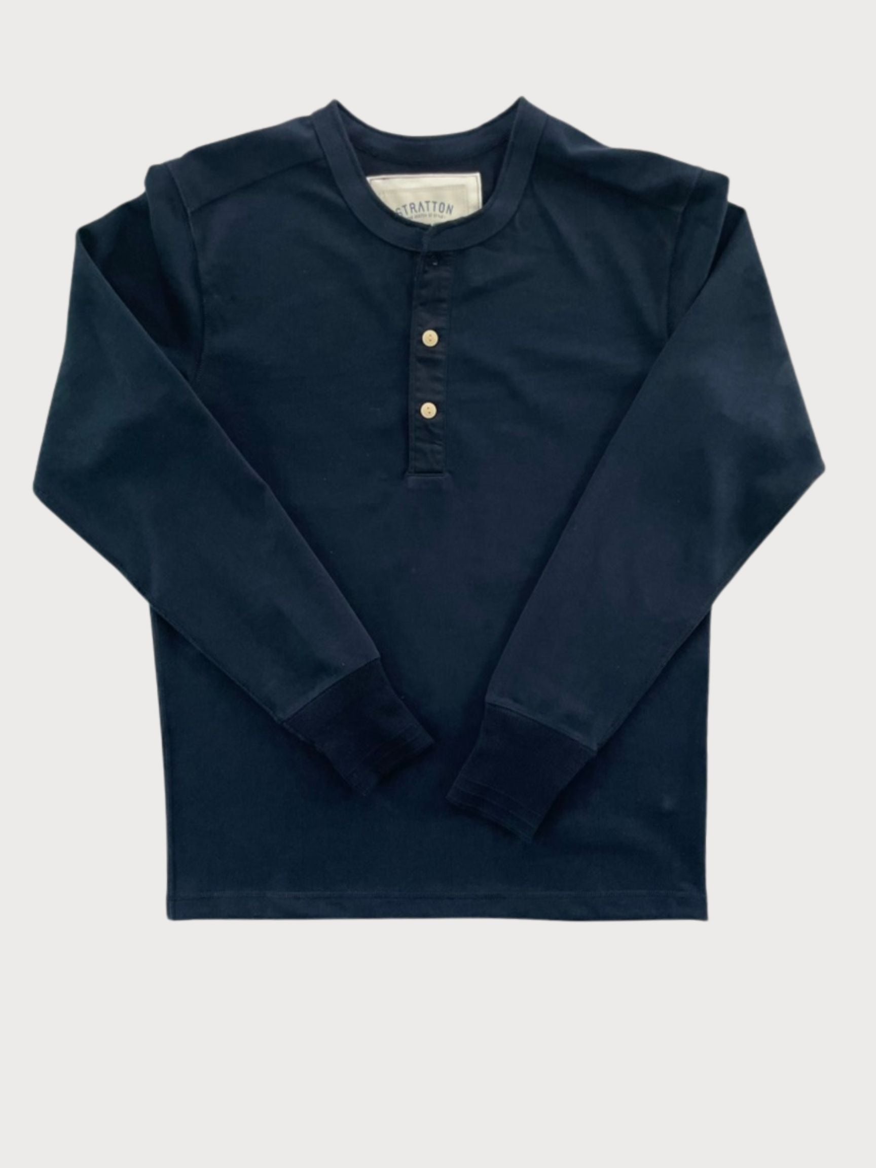 Vintage 1940s Navy Heavyweight Henley by Stratton Suspender Co. Features a three-button placket, ribbed cuffs, and premium heavyweight cotton. Made in the USA for durability, comfort, and classic heritage workwear style.