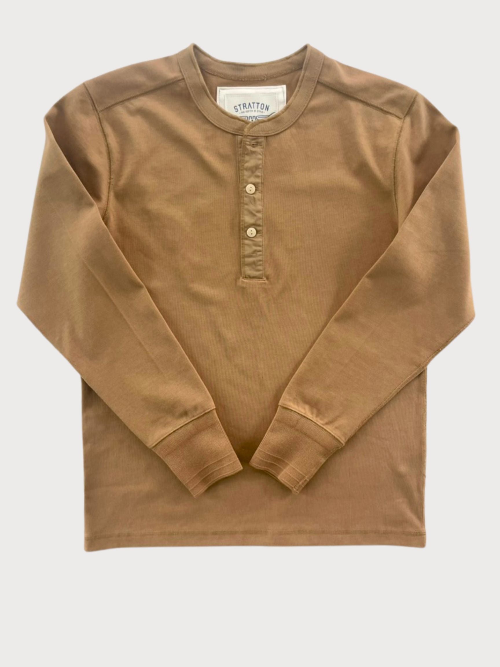 Vintage 1940s Tobacco Brown Heavyweight Henley by Stratton Suspender Co. Features a three-button placket, ribbed cuffs, and premium heavyweight cotton. Made in the USA for durability, comfort, and classic heritage workwear style.