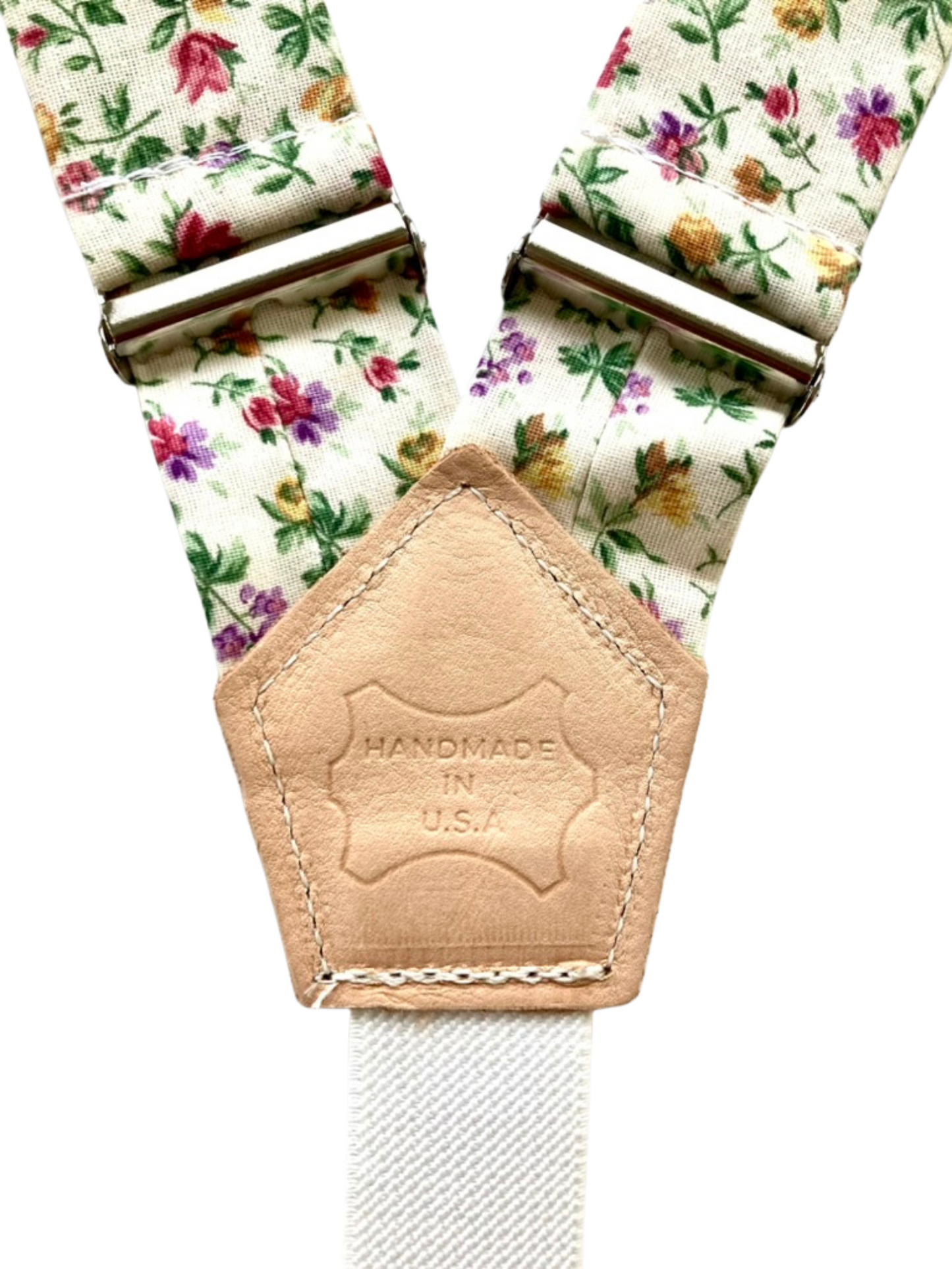 Floral cotton suspenders with leather patch detail stamped handmade in USA, handcrafted by Stratton Suspender Co.