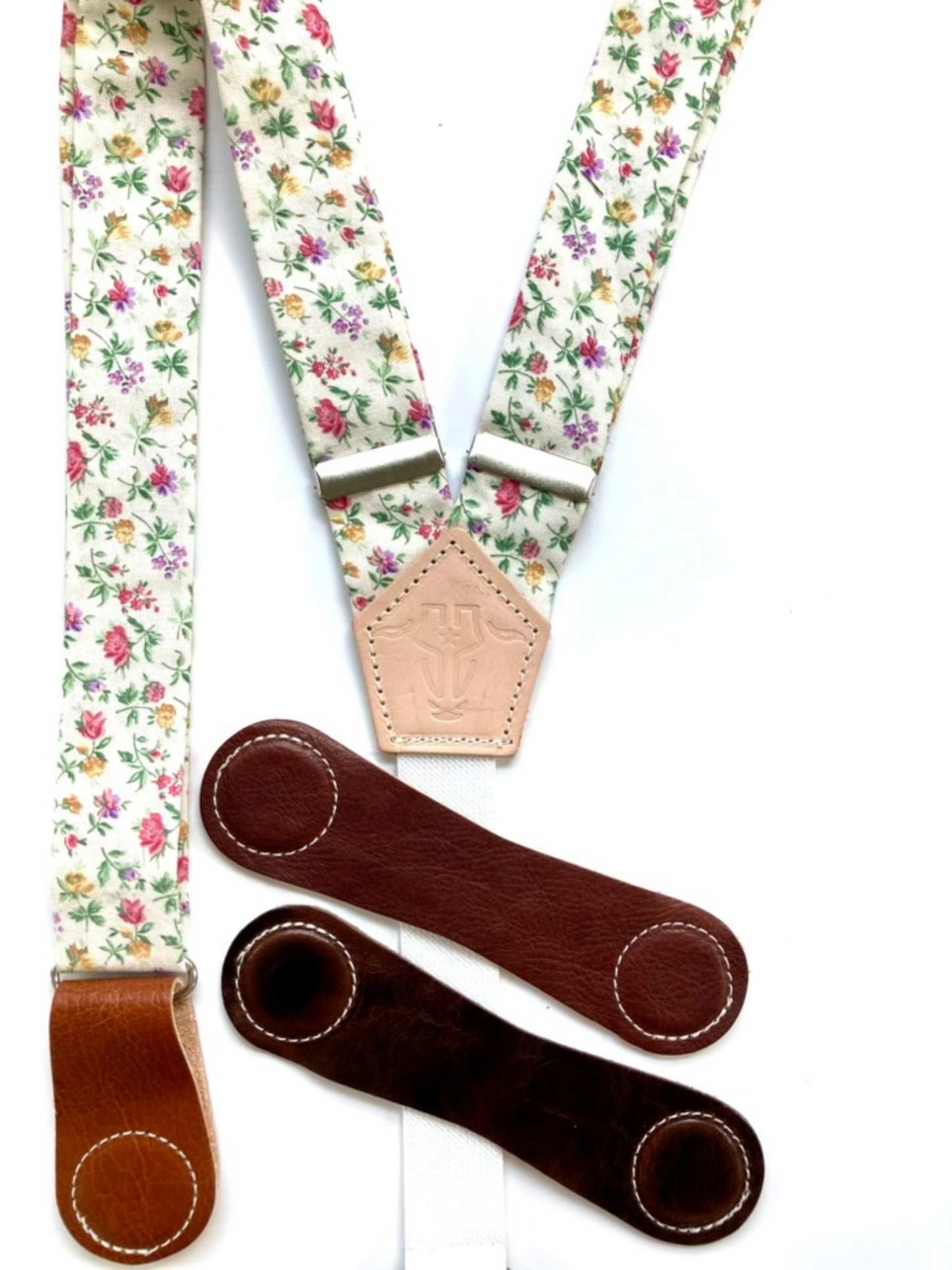 Vintage rose garden floral women’s suspenders with leather magnetic clasp options in Cognac, Tan, and Chocolate.