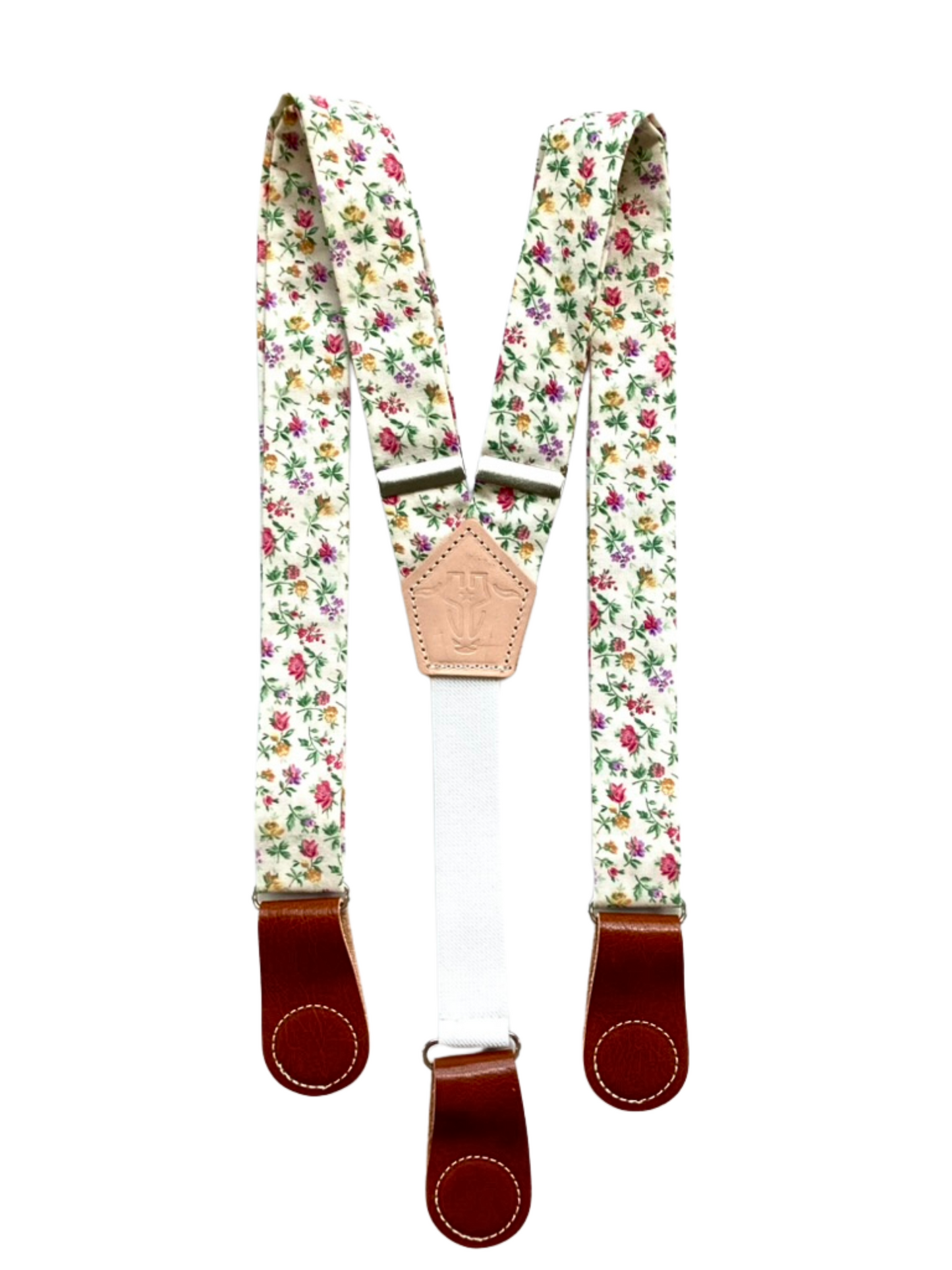 Floral cotton women’s suspenders with cognac leather magnetic clasps, vintage cottagecore accessory.