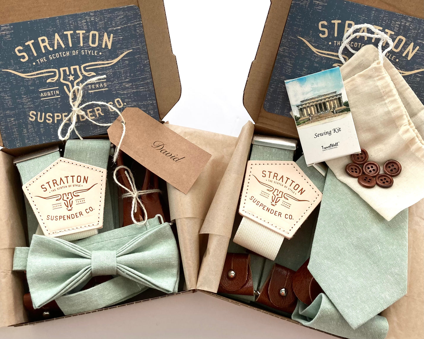 Groomsmen wedding gift box sets featuring pistachio green bow tie and suspender sets, sewing kit, buttons, and personalized tags.