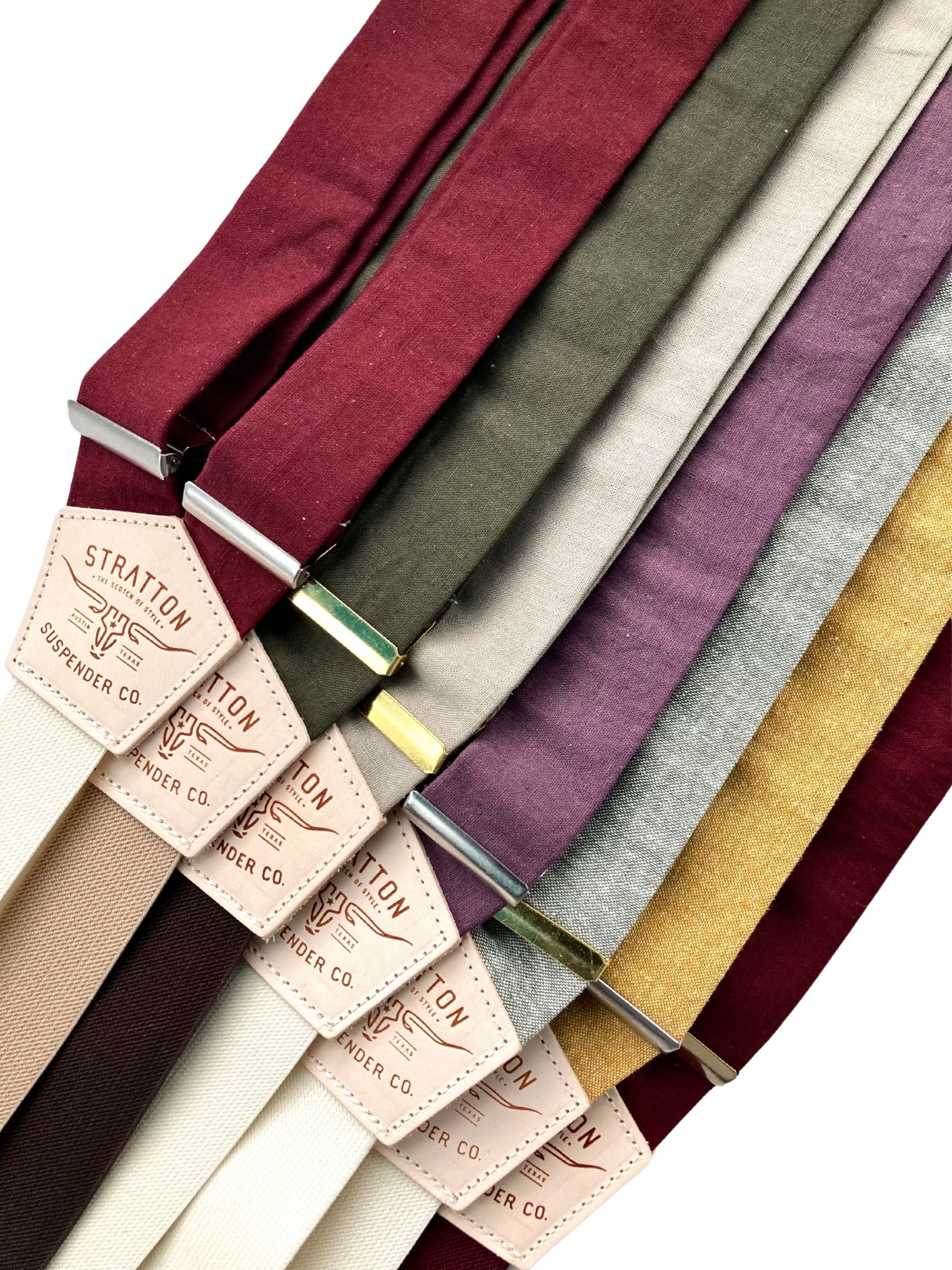 Wedding suspenders in a full color lineup including burgundy, olive green, mushroom, plum, sage green, marigold yellow, and bordeaux deep red.