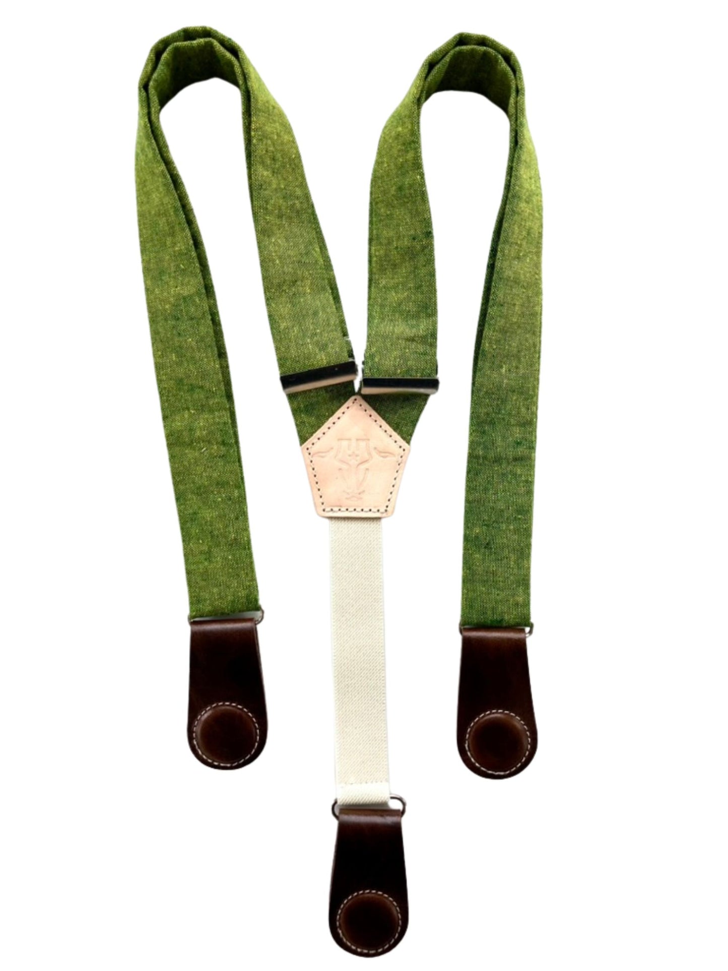 Chartreuse green linen women’s suspenders with dark brown leather magnetic clasps—boho fall accessory handmade in Texas.