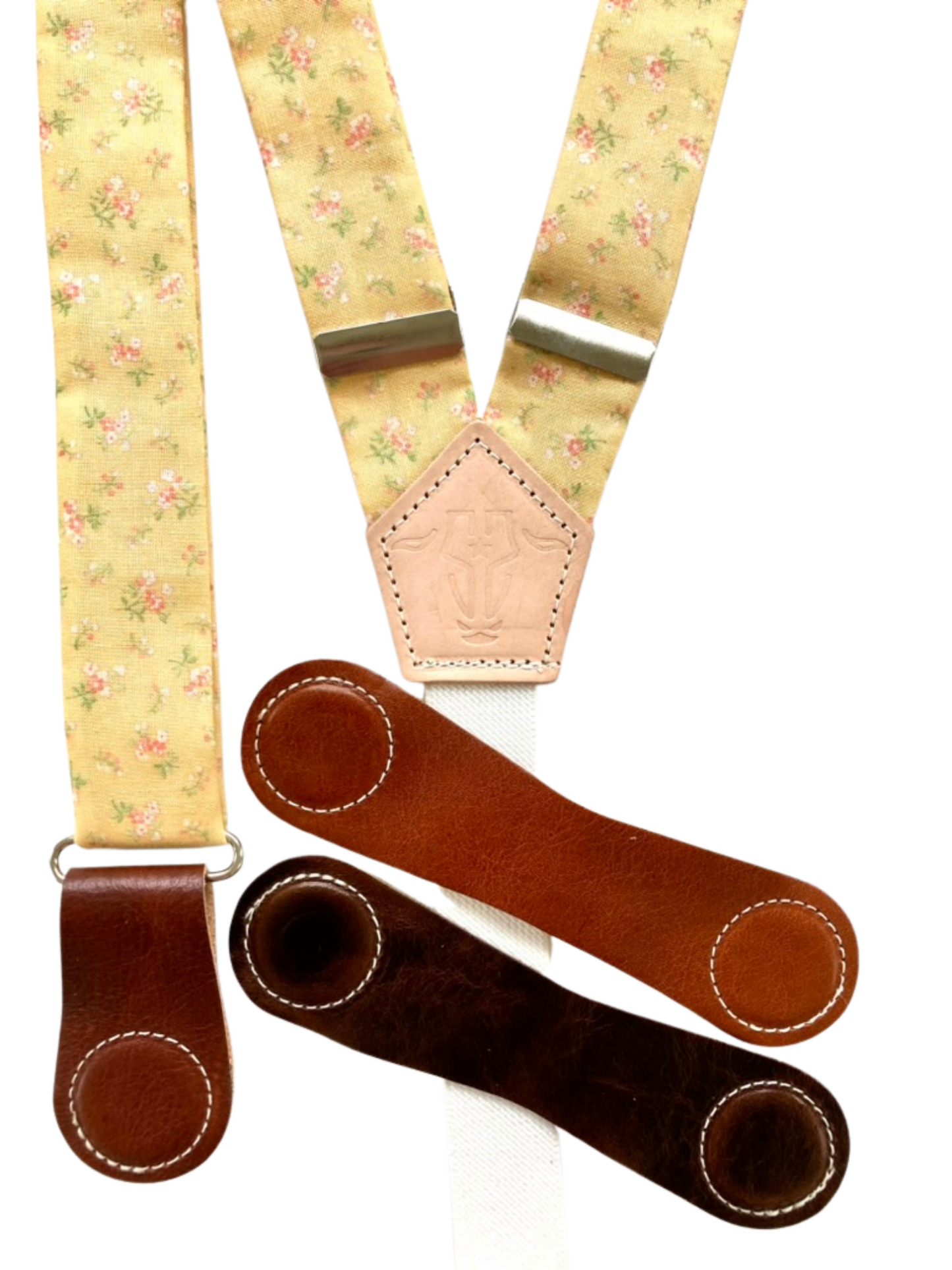 Vintage Blossom Yellow women’s floral suspenders with Cognac, Tan, and Chocolate leather magnetic clasp options.