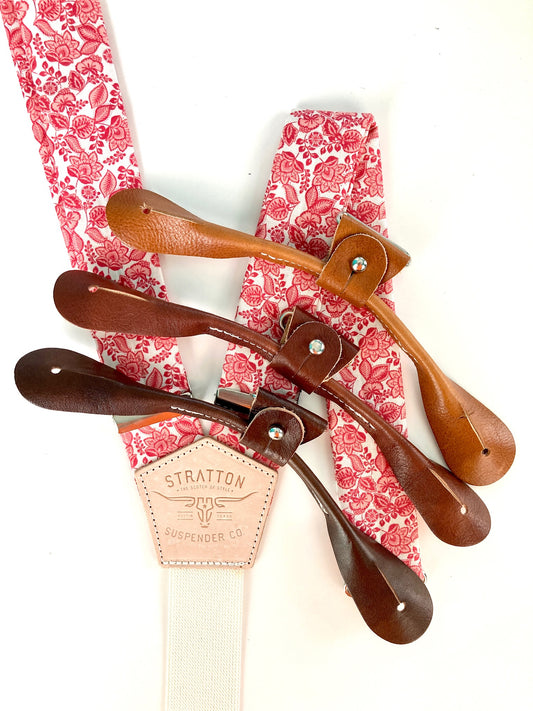 Stratton Suspender Co. Button On Set in Red Vintage 1880 featuring Tan, Cognac, and Chocolate Italian Pontedero Leather