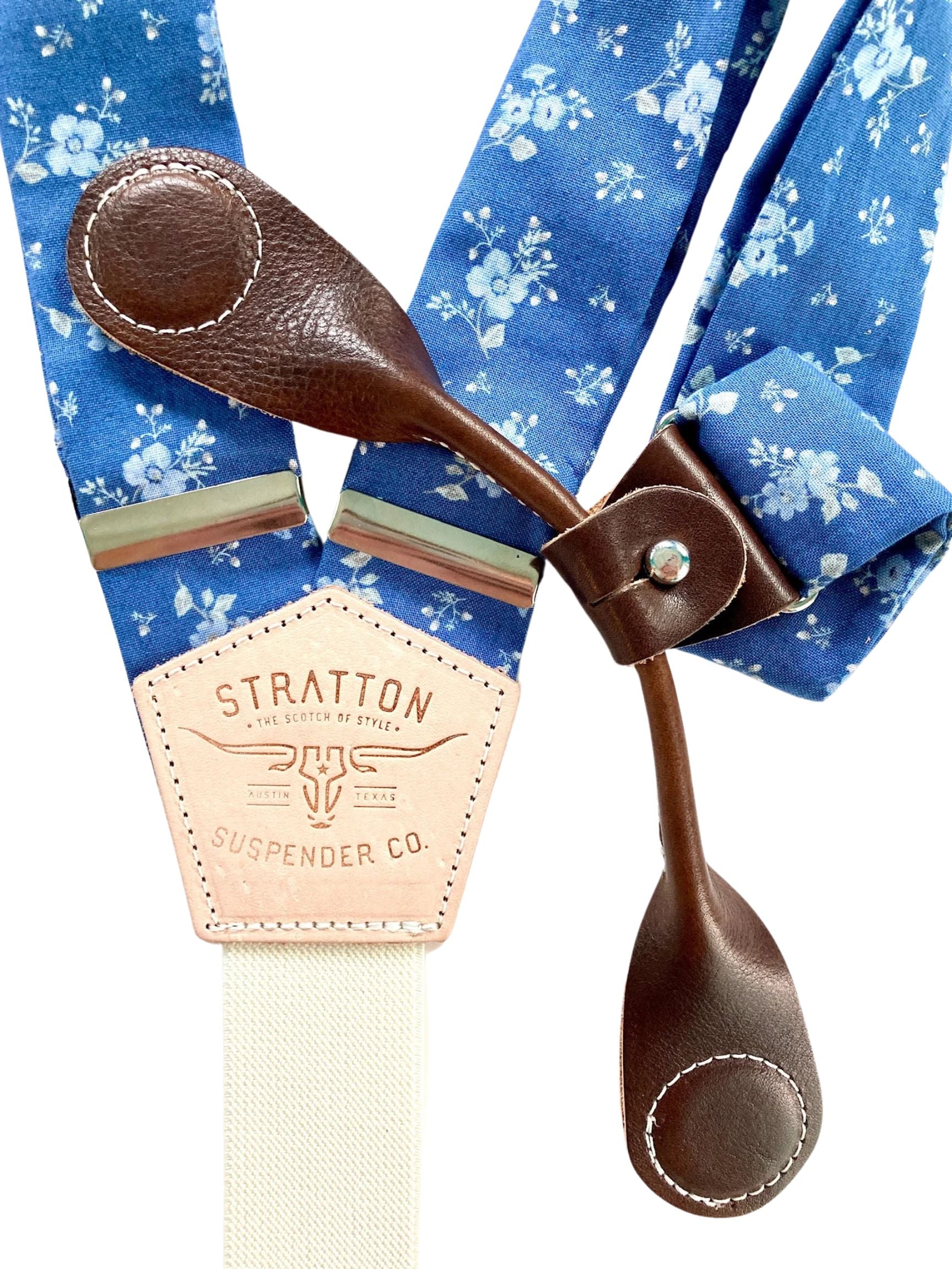 Stratton Suspenders in Vintage Blue Floral Straps Paired with Chocolate Pontedero Leather Magnetic Clasps 