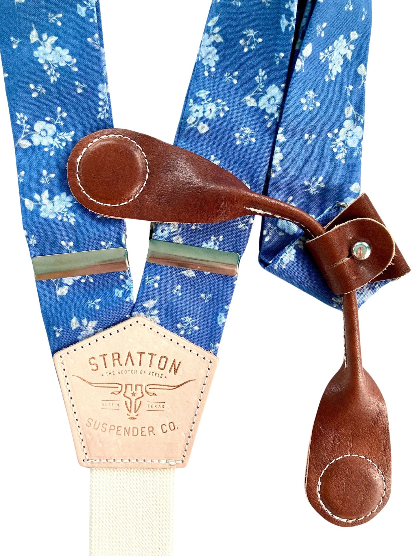 Stratton Suspenders in Vintage Blue Floral Straps Paired with Cognac Pontedero Leather Magnetic Clasps 