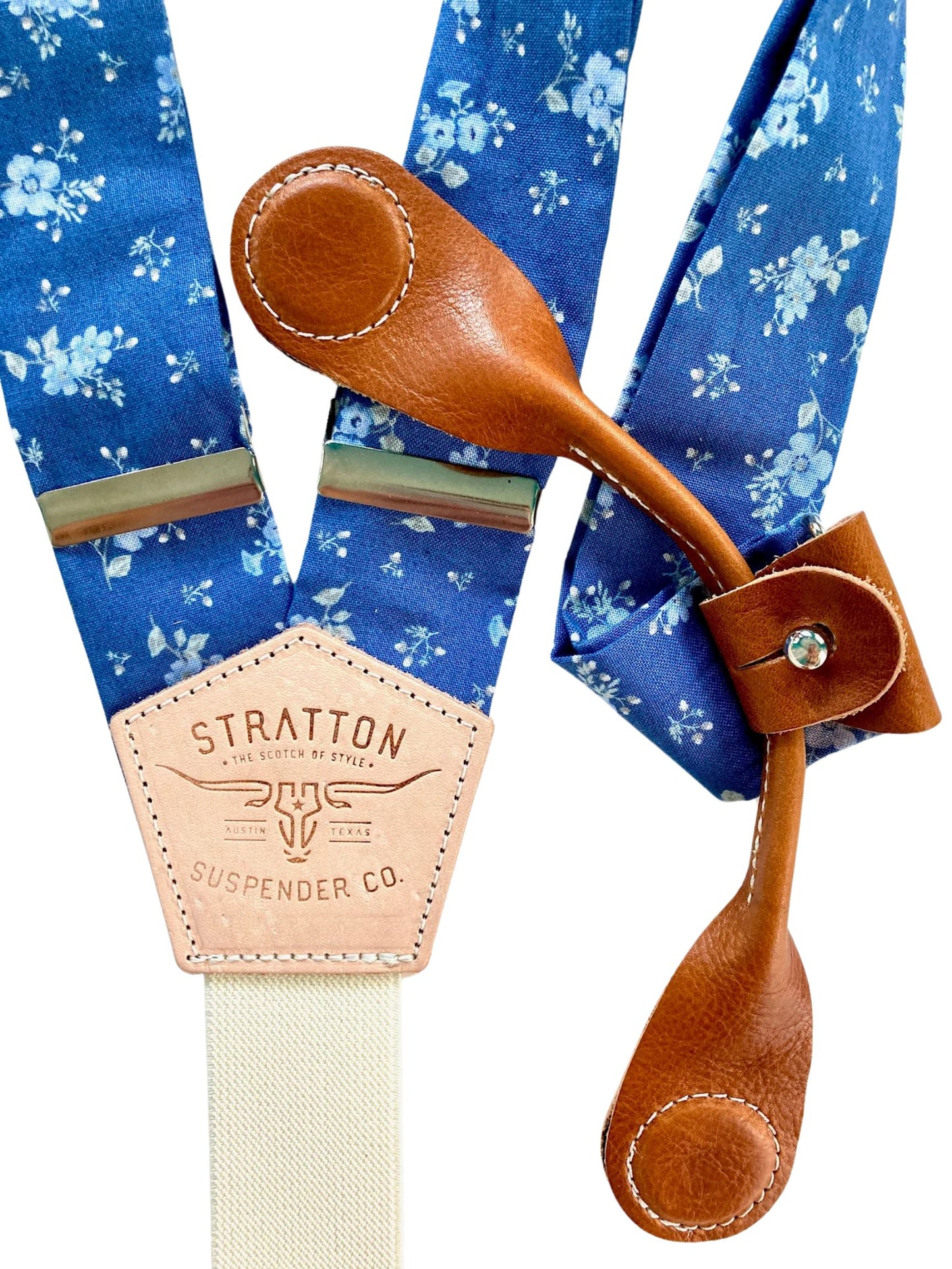 Stratton Suspenders in Vintage Blue Floral Straps Paired with Tan Pontedero Leather Magnetic Clasps 