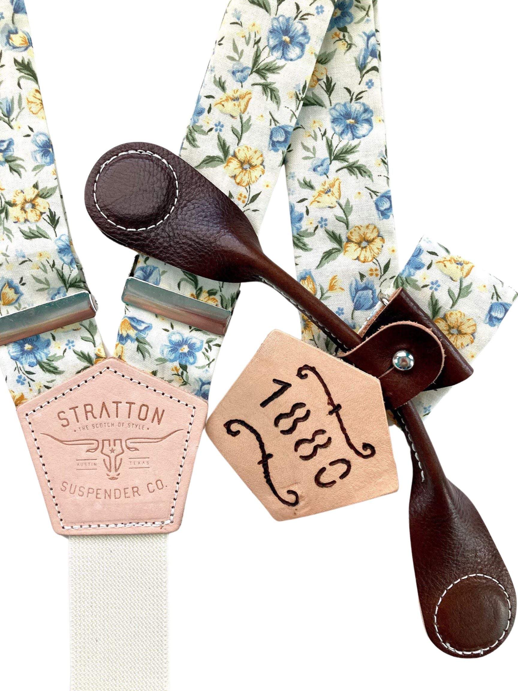 Stratton Suspenders in Vintage Cream Floral Straps Paired with Chocolate Pontedero Leather Magnetic Clasps 