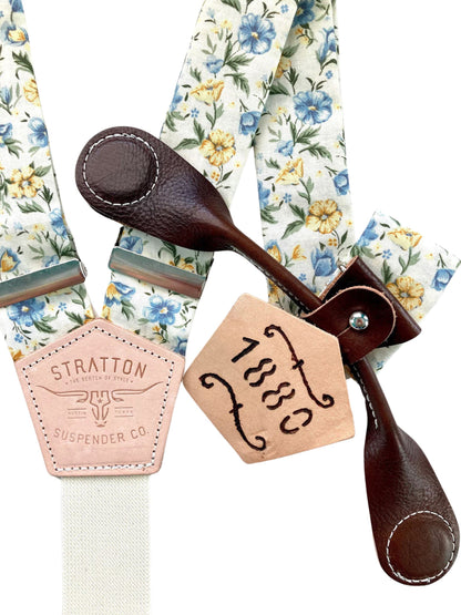 Stratton Suspenders in Vintage Cream Floral Straps Paired with Chocolate Pontedero Leather Magnetic Clasps 