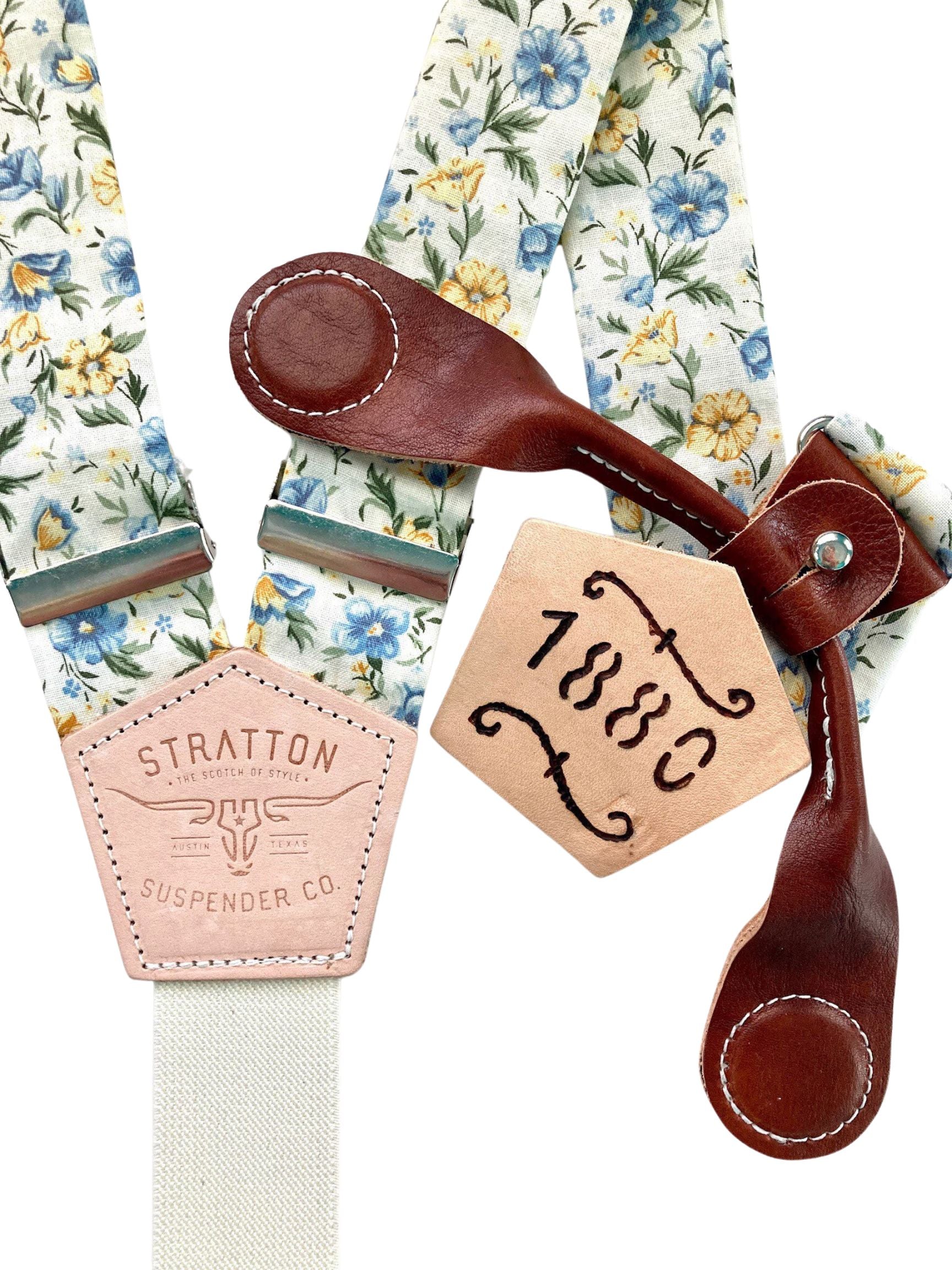 Stratton Suspenders in Vintage Cream Floral Straps Paired with Cognac Pontedero Leather Magnetic Clasps 
