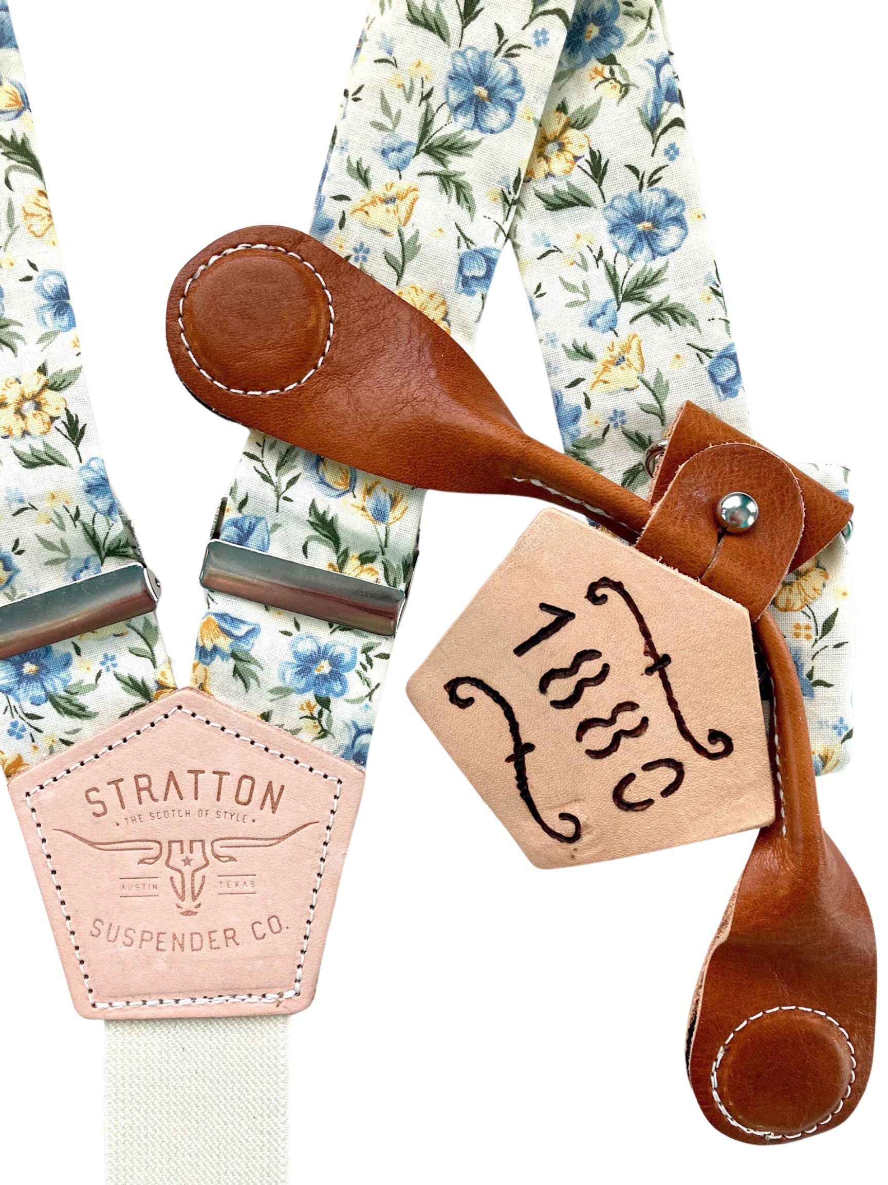 Stratton Suspenders in Vintage Cream Floral Straps Paired with Tan Pontedero Leather Magnetic Clasps 