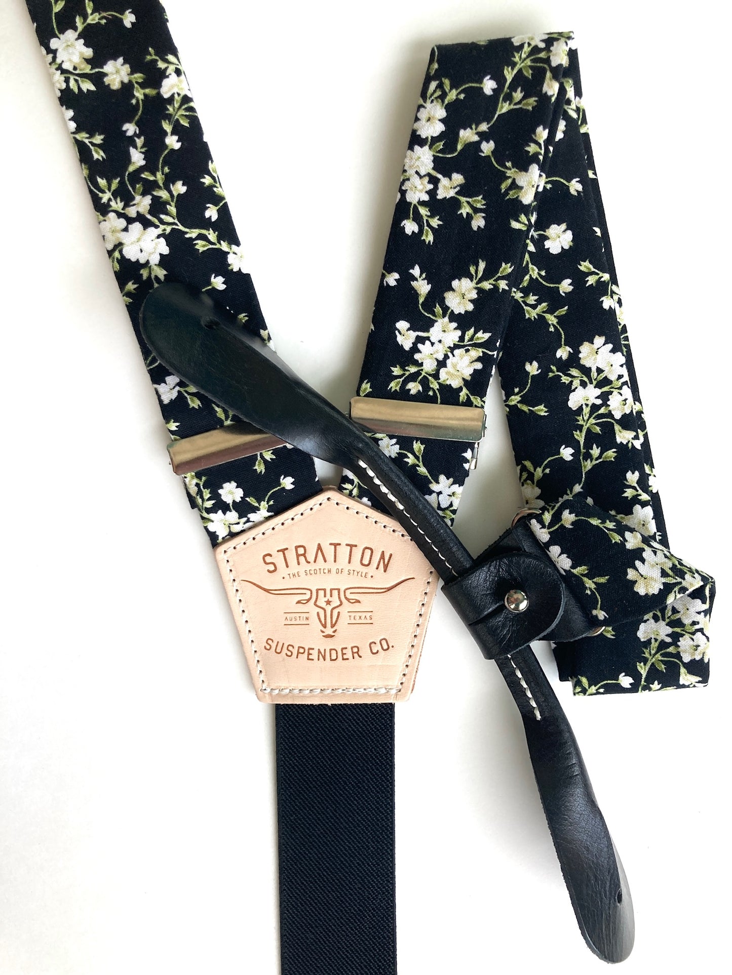 Black and White with Green Stem Floral Suspenders Paired with Black Leather Button-On Attachments