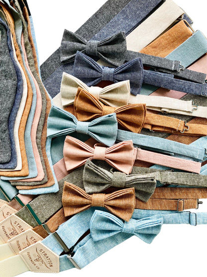 Dusty Rose Linen Bow Tie and Button-On Suspenders