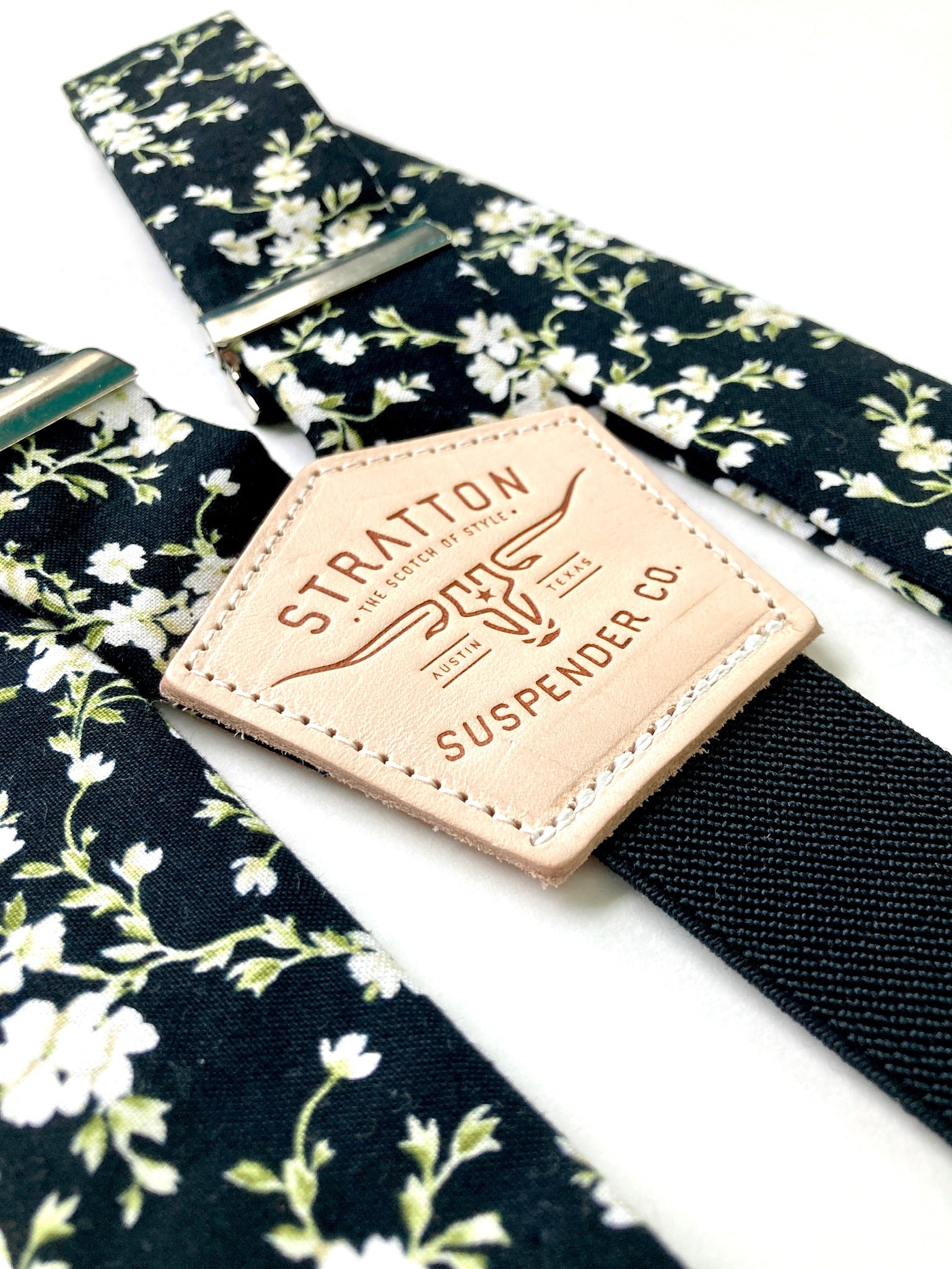 Black and White with Green Stem Floral Suspenders Paired with Black Elastic