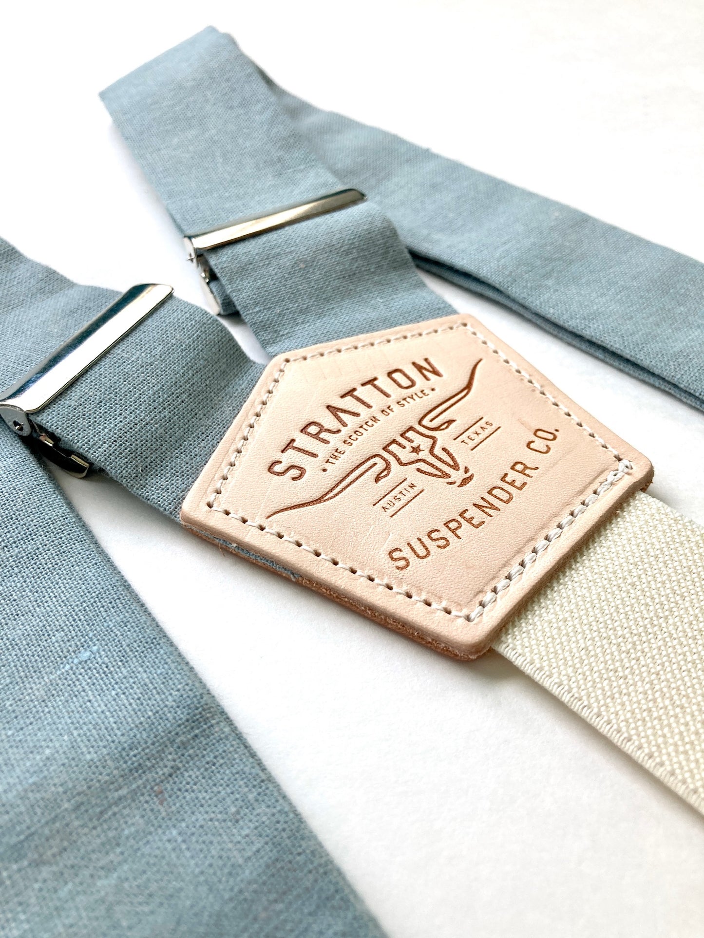 Dusty Blue Linen Button-On Suspenders Set