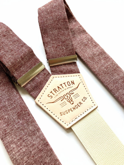 Rust Maroon Linen Button-On Suspenders – Handmade in Texas | Wedding Braces for Groomsmen & Vintage Heritage Formalwear