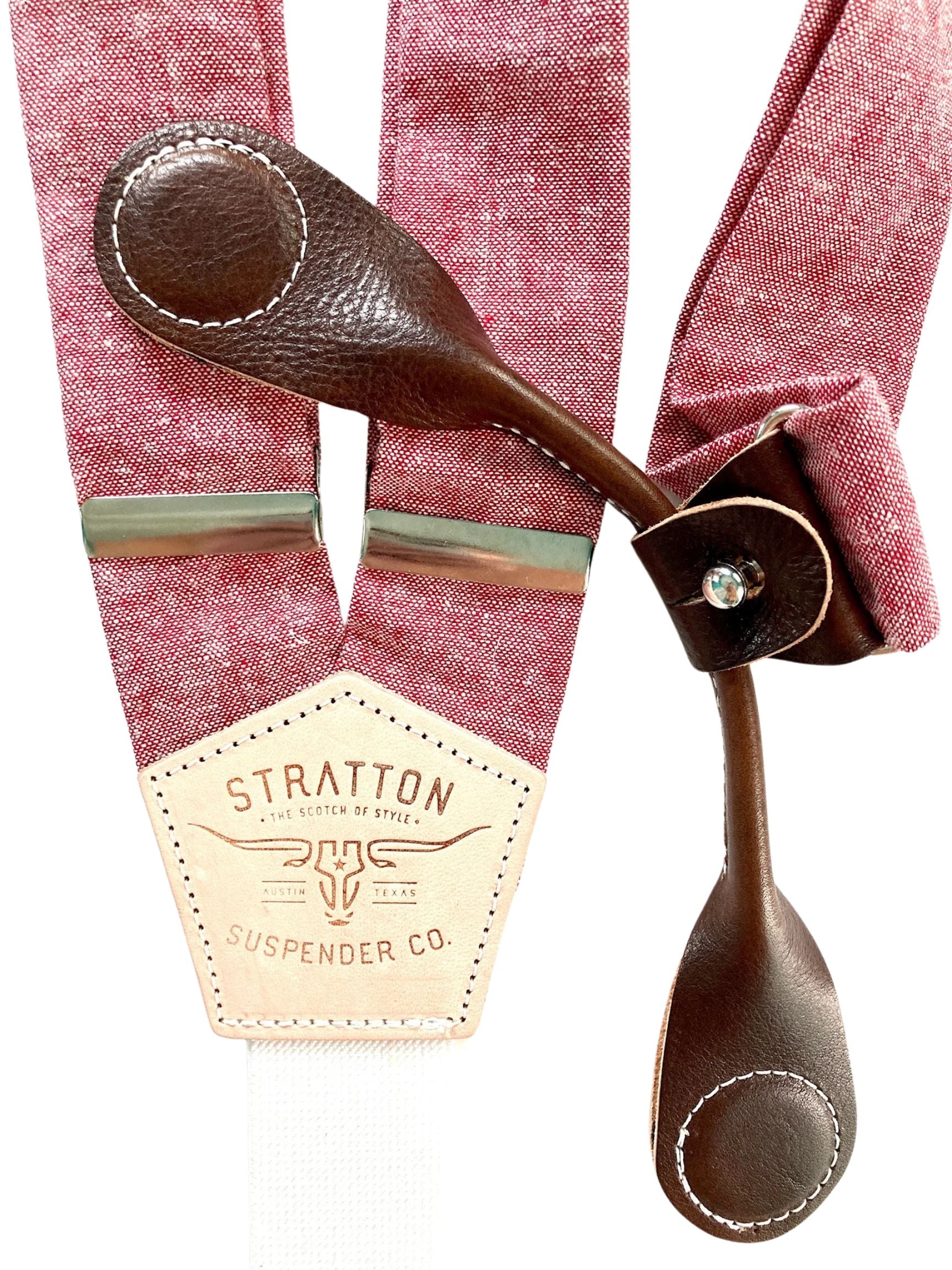 Stratton Suspenders in Bandera Red Linen Paired with Chocolate Pontedero Leather Magnetic 