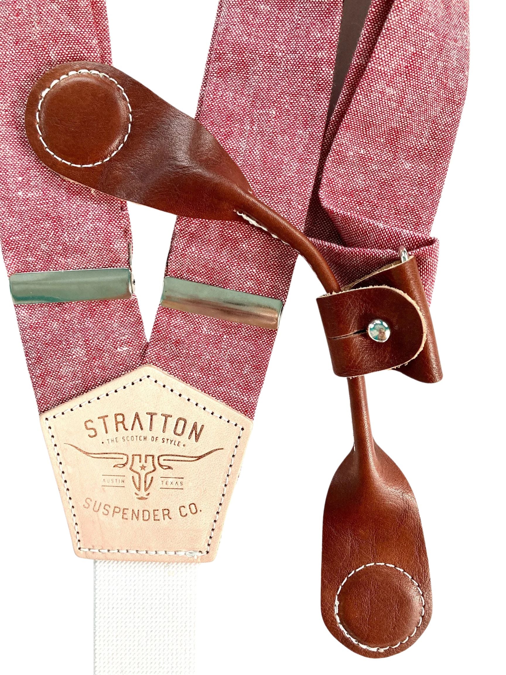 Stratton Suspenders in Bandera Red Linen Paired with Chocolate Pontedero Leather Magnetic 