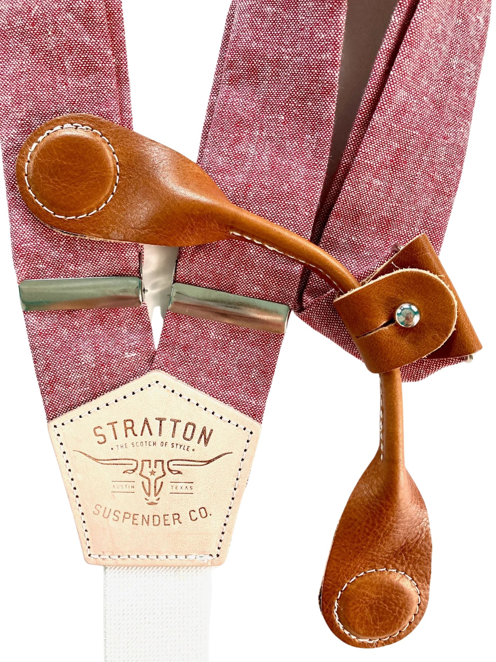 Stratton Suspenders in Bandera Red Linen Paired with Tan Pontedero Leather Magnetic 