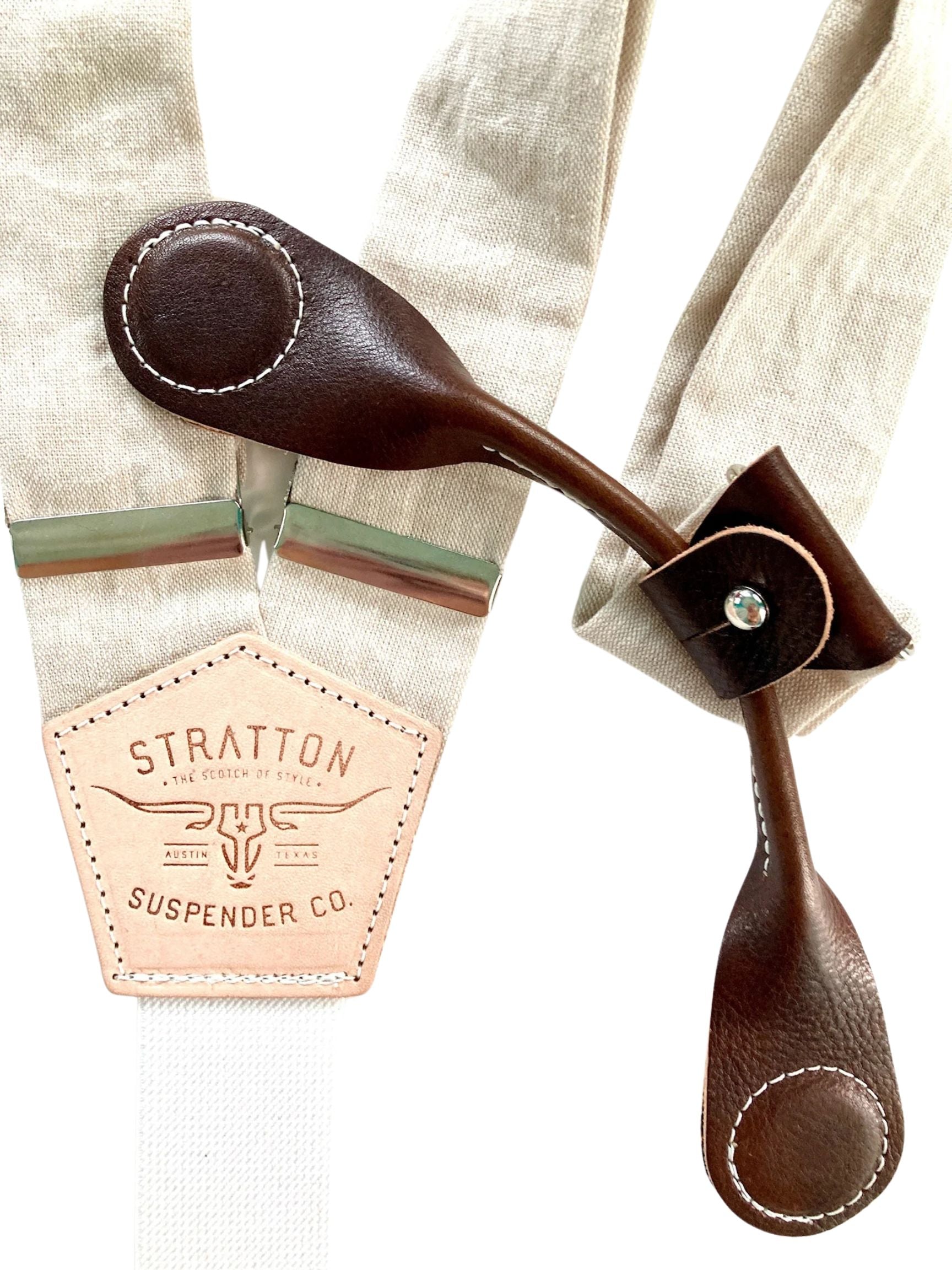 Stratton Suspenders in Padre Island Sand Linen Paired with Chocolate Pontedero Leather Magnetic Clasps