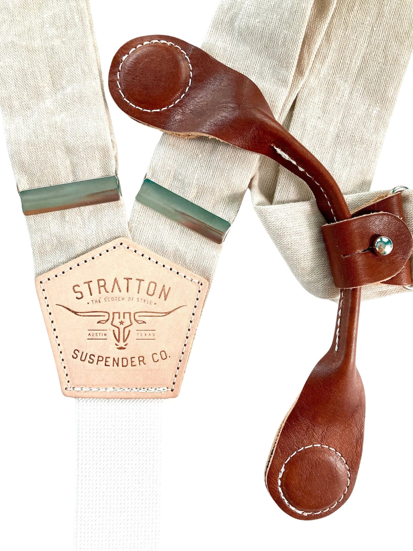 Stratton Suspenders in Padre Island Sand Linen Paired with Cognac Pontedero Leather Magnetic Clasps