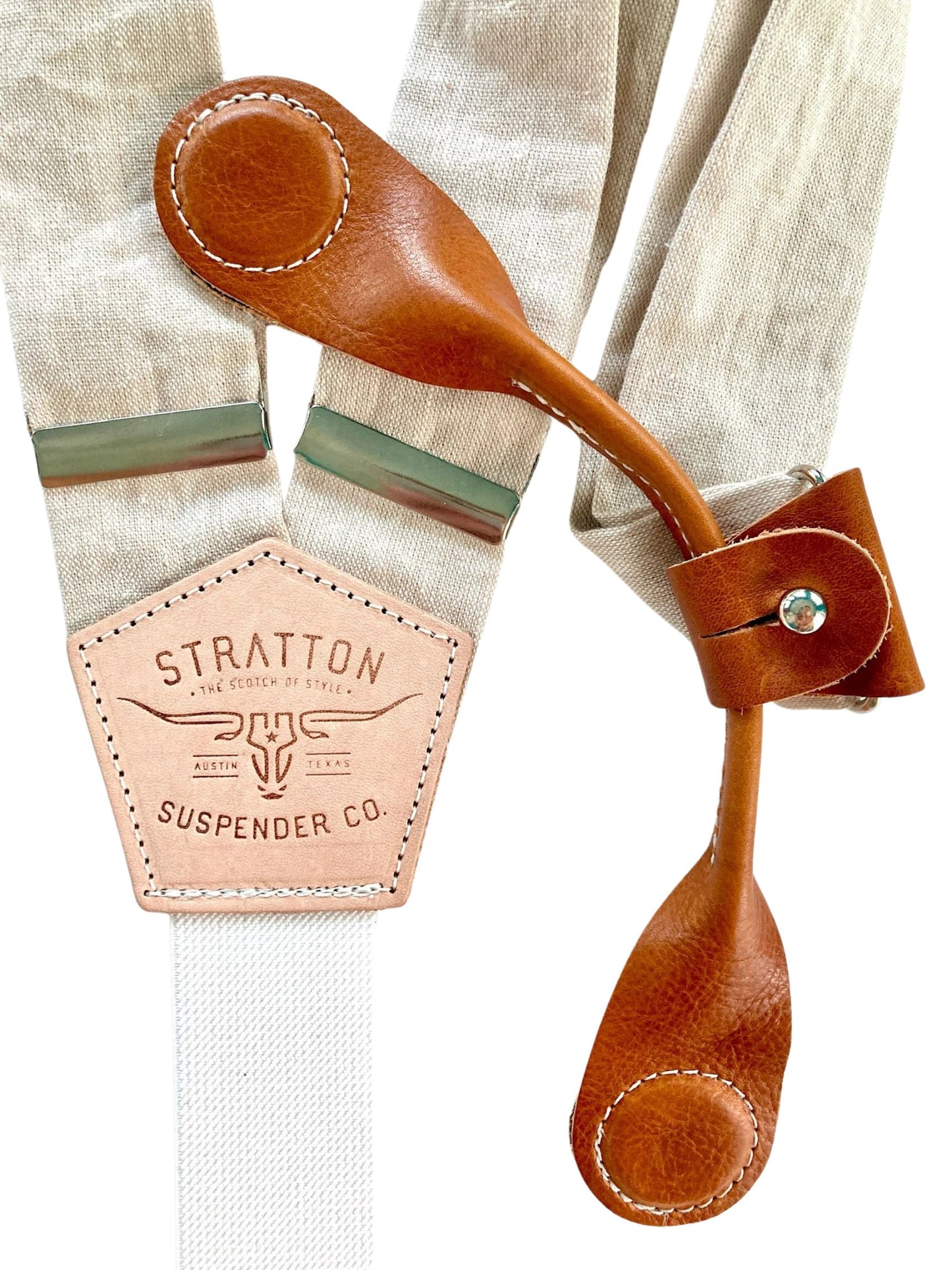 Stratton Suspenders in Padre Island Sand Linen Paired with Tan Pontedero Leather Magnetic Clasps