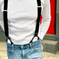 Black Button-On Suspenders Styled with White Henley and Vintage Denim – Handmade Heritage American Menswear by Stratton Suspender Co. Perfect for Rustic Weddings, Groomsmen Gifts, and Effortless Austin Texas Street Style.