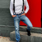 Black Button-On Suspenders Styled with White Henley and Vintage Denim – Handmade Heritage American Menswear by Stratton Suspender Co. Perfect for Rustic Weddings, Groomsmen Gifts, and Effortless Austin Texas Street Style.