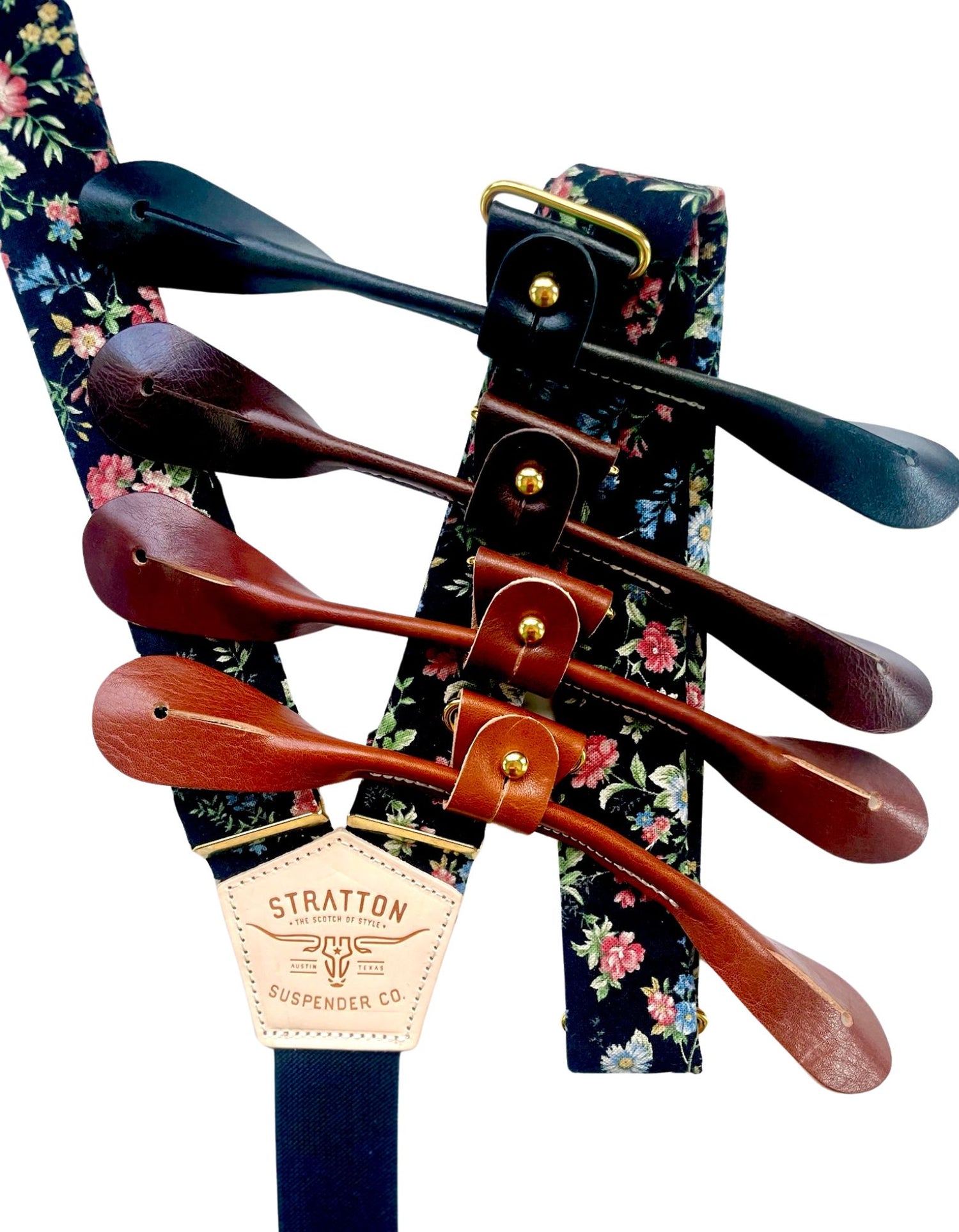 Black Floral Wedding Suspenders with Gold Hardware and Italian Leather Attachments – Vintage Linen for Grooms & Groomsmen. Perfect for Rustic, Boho, and Vintage Wedding Themes. Handcrafted in Texas by Stratton Suspender Co.