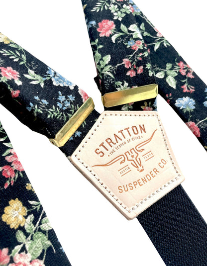 Close-Up of Black Floral Wedding Suspenders with Gold Hardware and Leather Details – Vintage Linen Straps for Grooms & Groomsmen. Perfect for Rustic, Boho, and Vintage Wedding Themes. Handmade by Stratton Suspender Co.