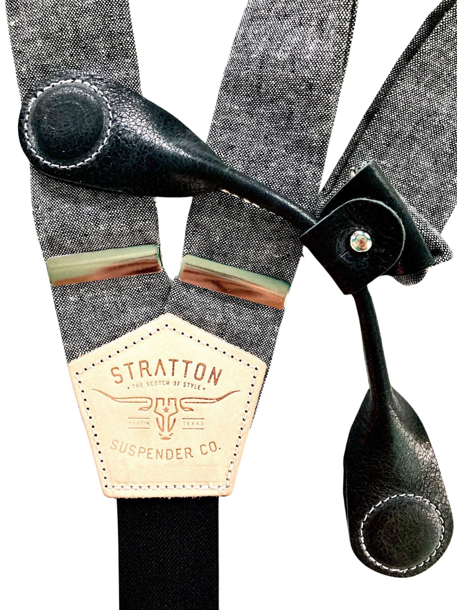 Stratton Suspenders in Texas Oil Black Linen Paired with Black Pontedero Leather Magnetic Clasps